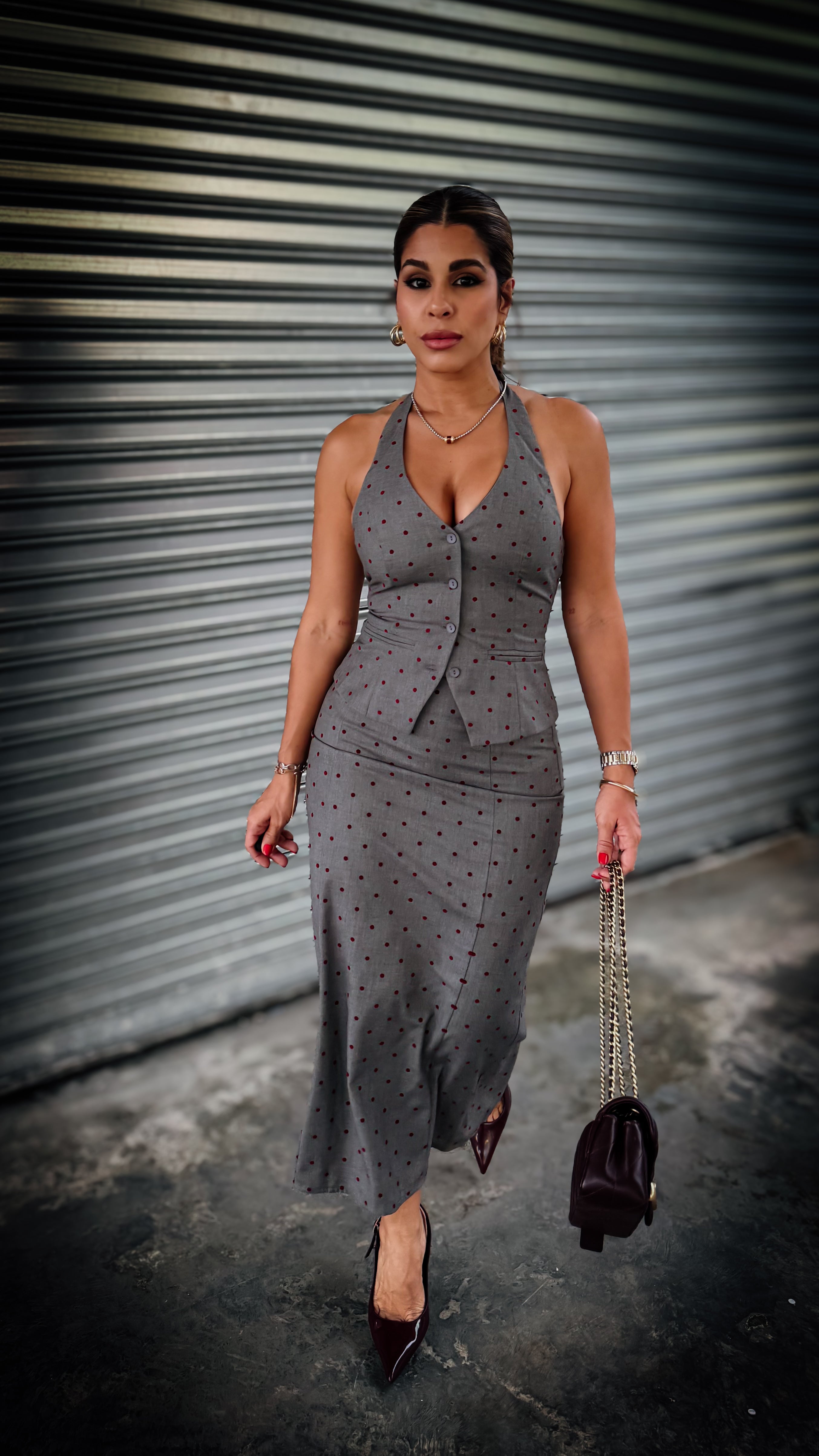 “ELENA” POLKA DOT HALTER NECK TOP WITH MIDI SKIRT