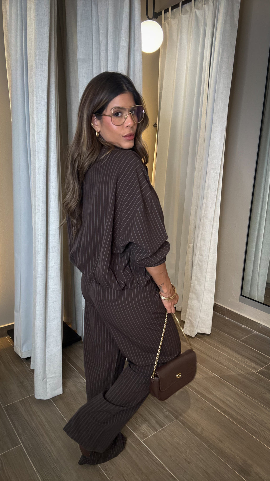 “FATIMA” PINSTRIPE BOMBER JACKET AND WIDE LEG PANT SET