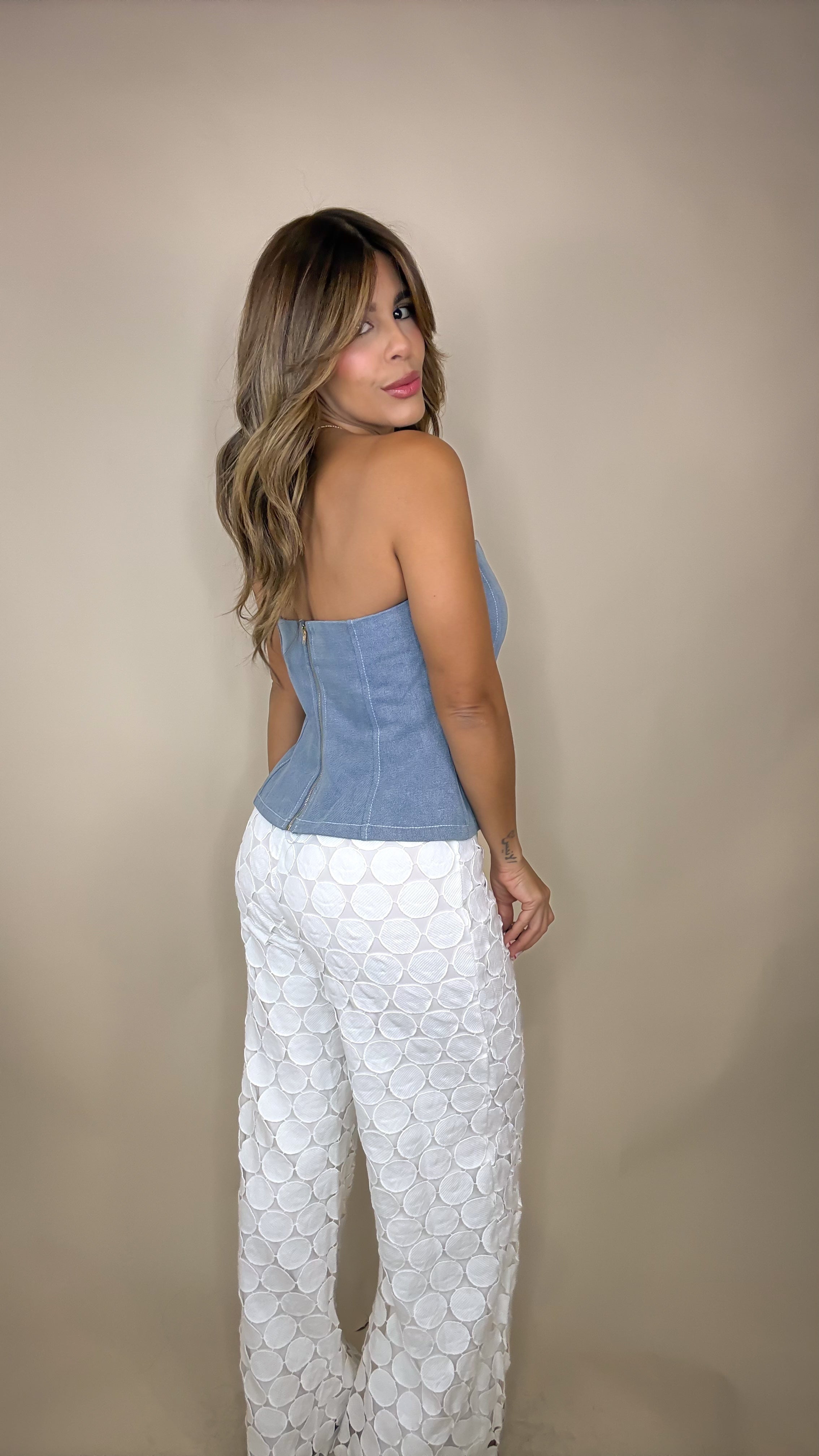 “JILLIAN” DENIM PEPLUM TOP WITH GOLD DETAILED BUTTONS