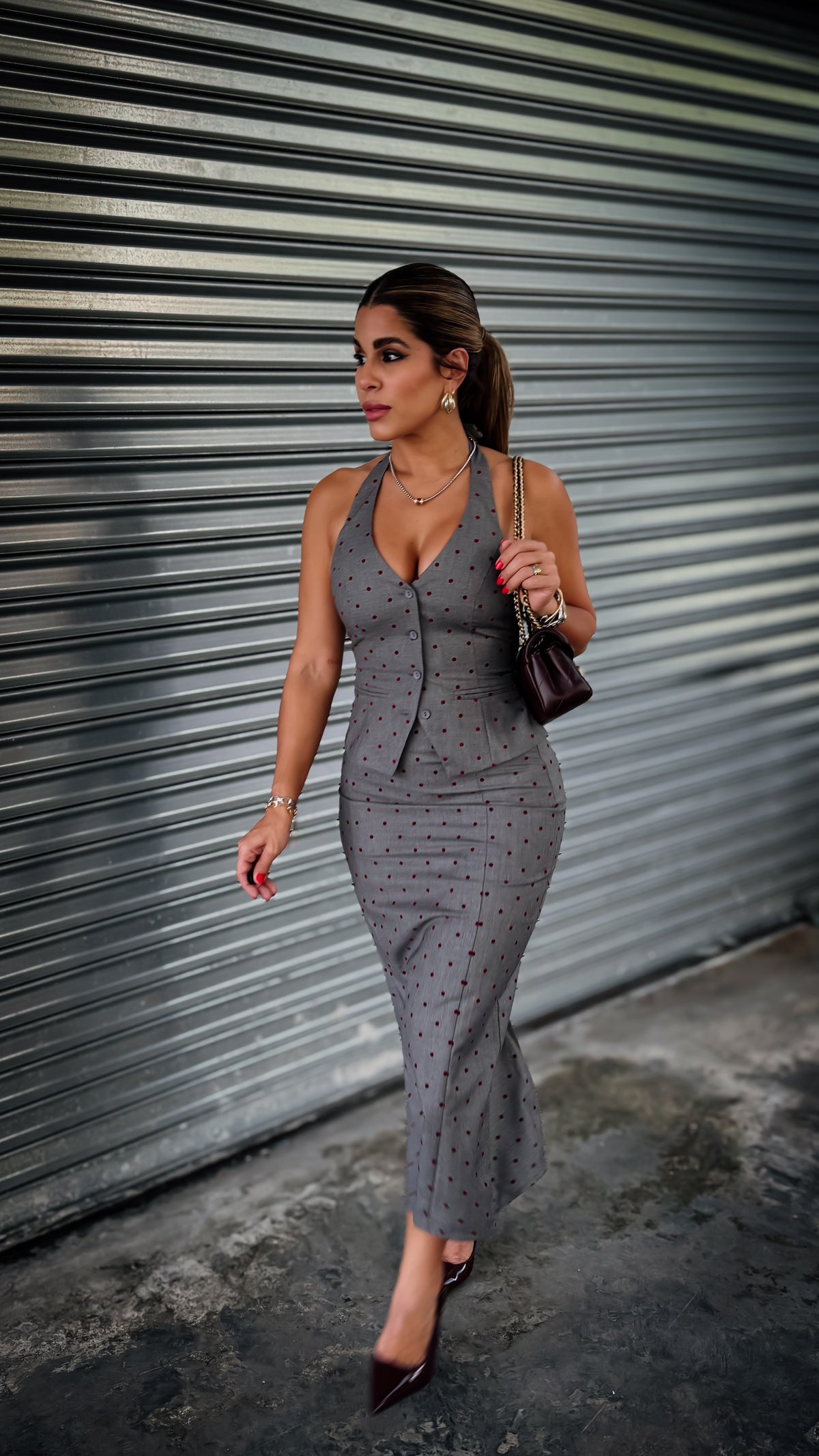 “ELENA” POLKA DOT HALTER NECK TOP WITH MIDI SKIRT