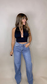 “IRENE” RHINESTONE DETAIL VIBRANT WIDE LEG DENIM