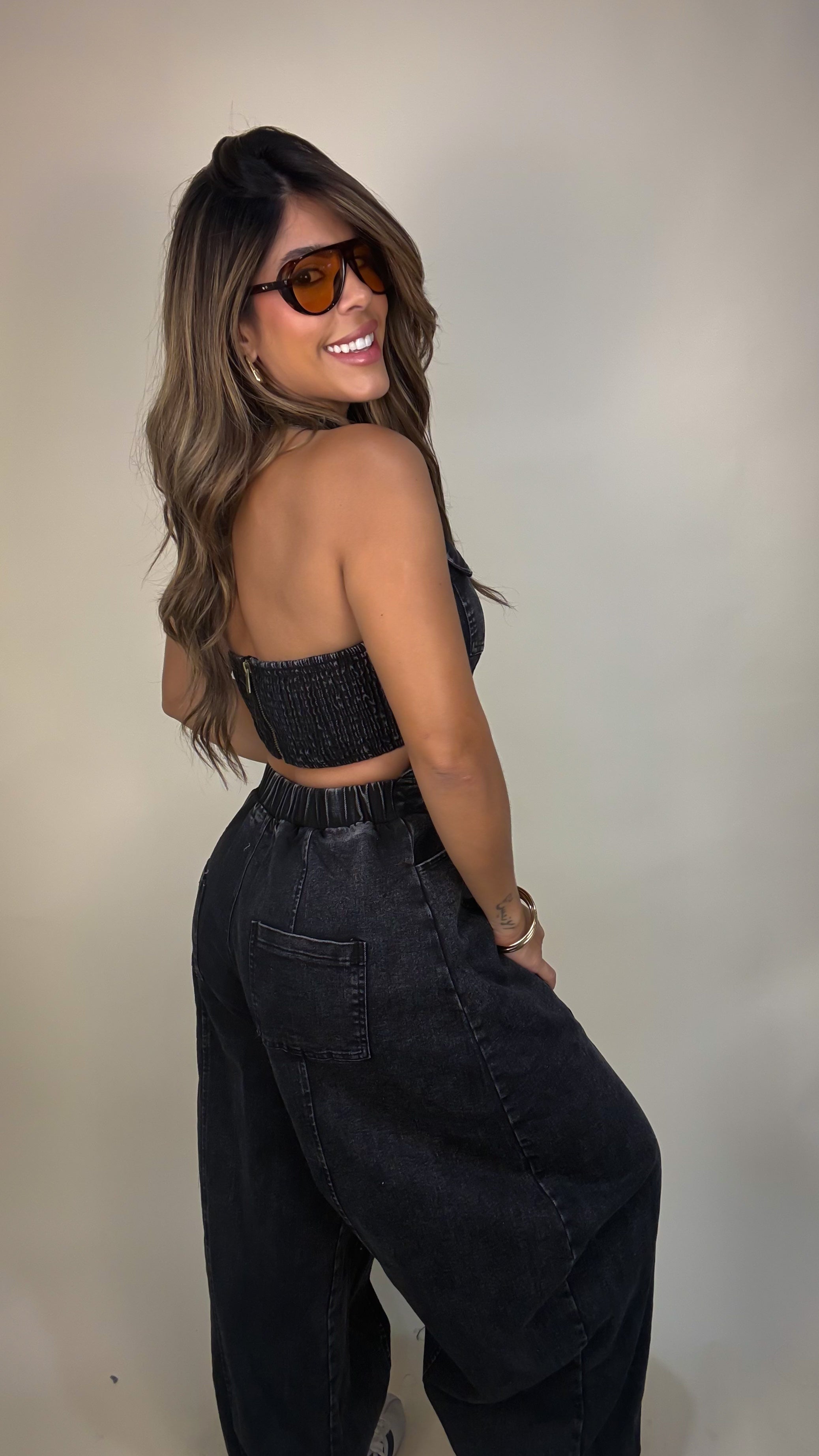 “CELINE” DENIM HAREM HALTER JUMPSUIT