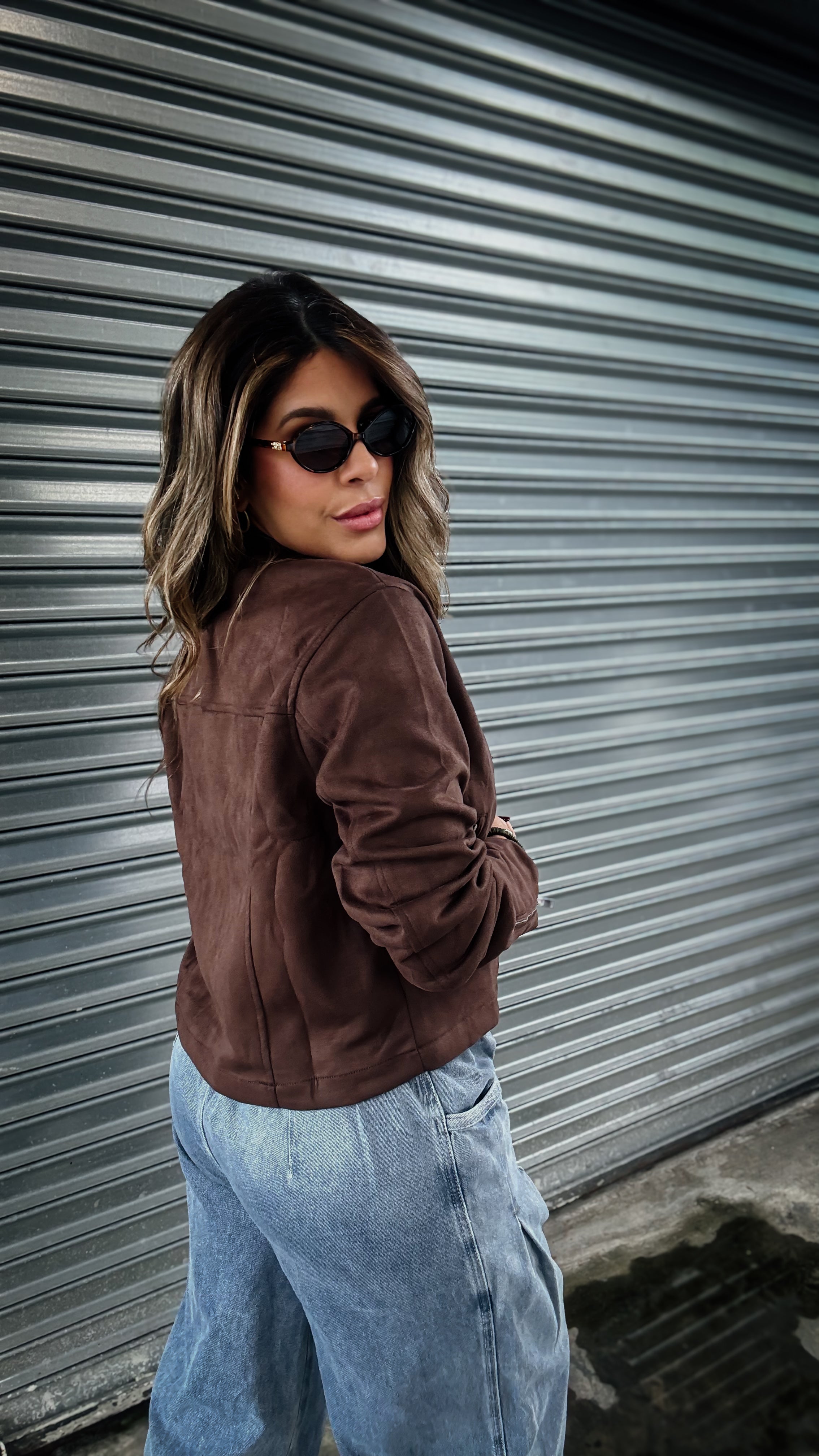 “HONEY” COLLARED SUEDE ZIP UP JACKET