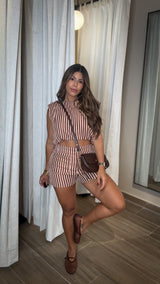 “DEBBIE” STRIPED SHORTS WITH SHOULDER PADDED SLEEVELESS TOP