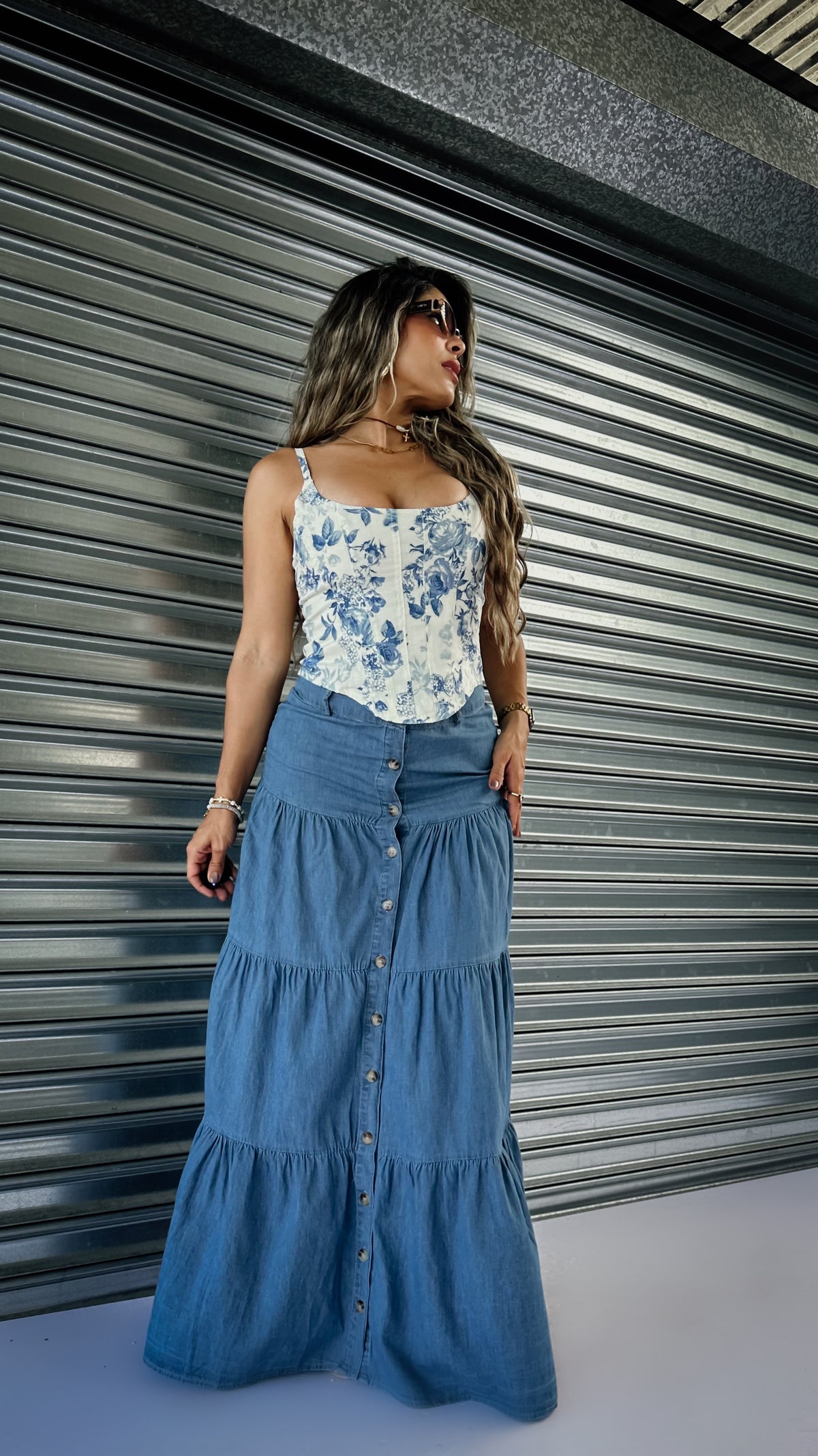 “EMILIA” FRONT BUTTON DENIM TIERED MAXI SKIRT