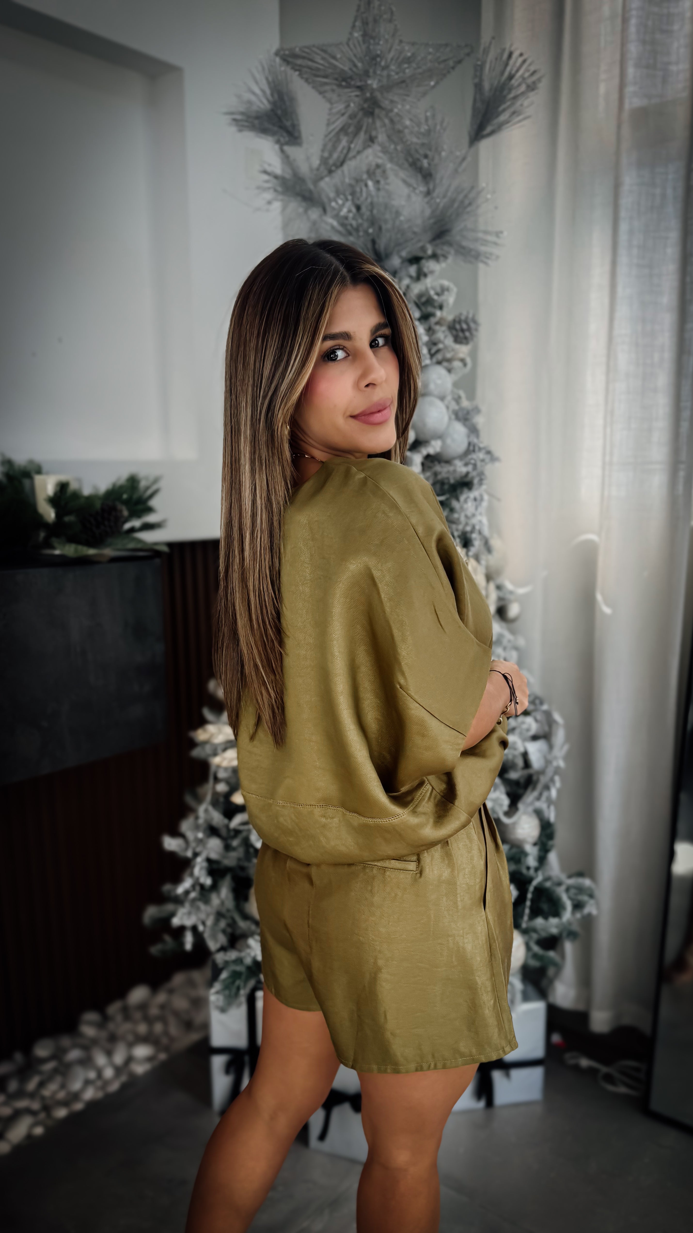 “ELODIE” SATIN TOP WITH FLARE SHORT SET