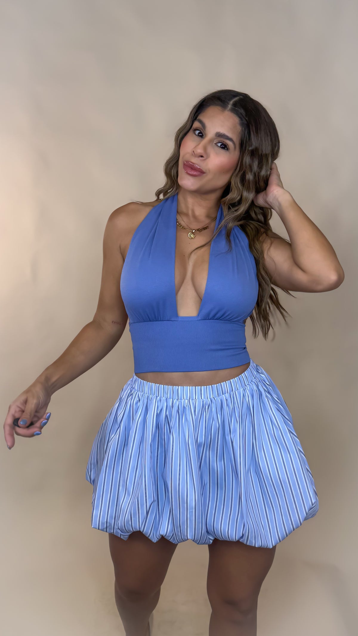 “BINNIE” POPLIN PINSTRIPED BUBBLE MINI SKIRT