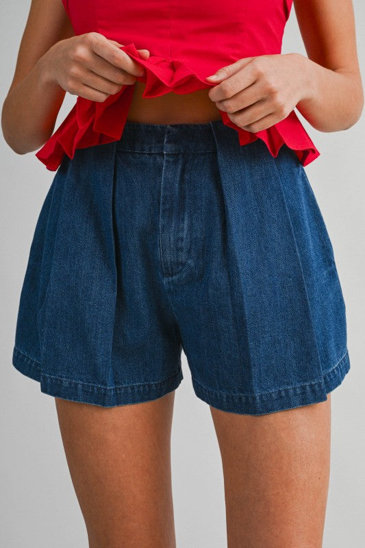 “MARINA” DENIM HIGH WAISTED FRONT PLEAT SHORTS