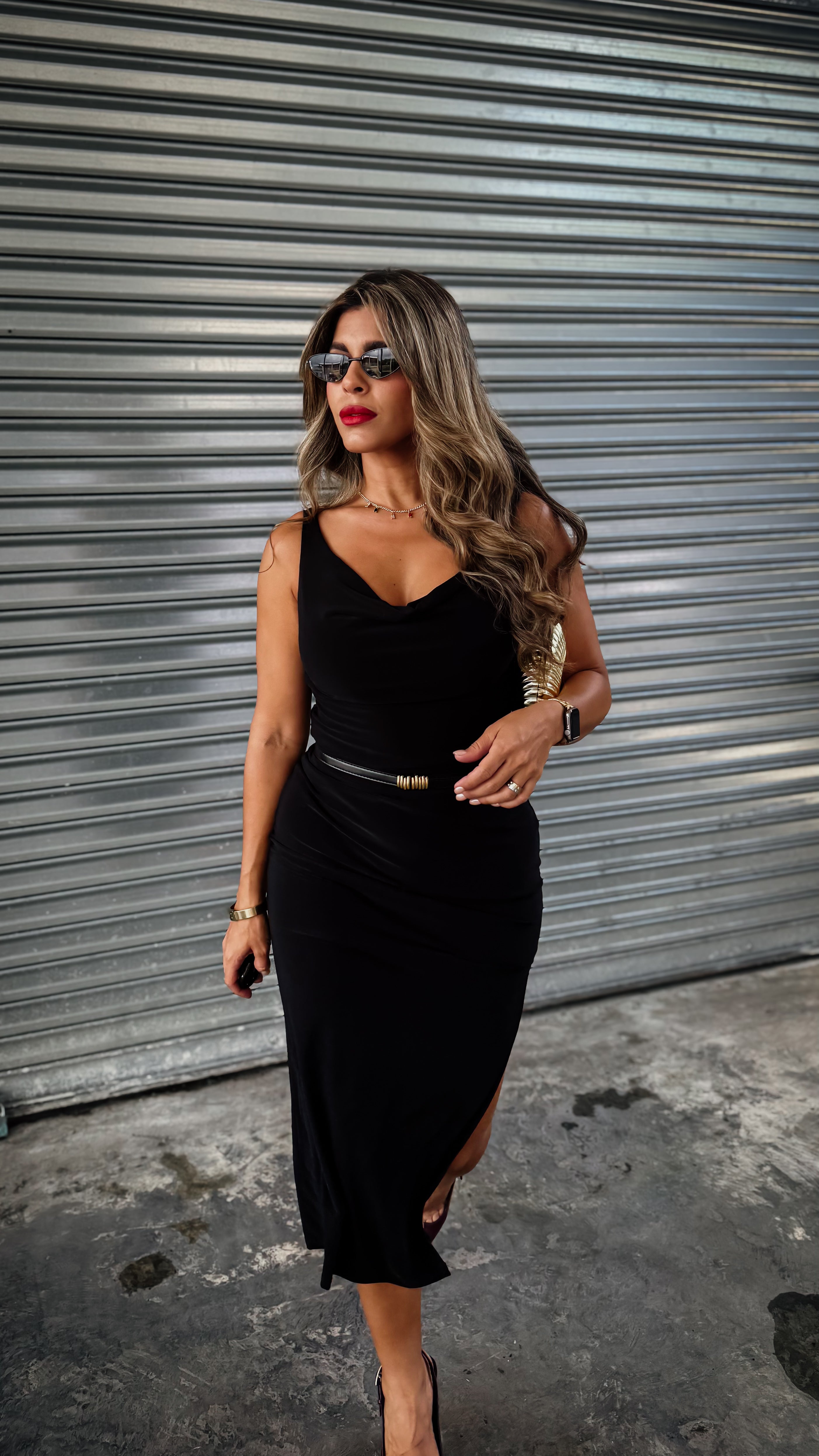 “COMMITTED” OFF SHOULDER/ COWL NECK MIDI DRESS