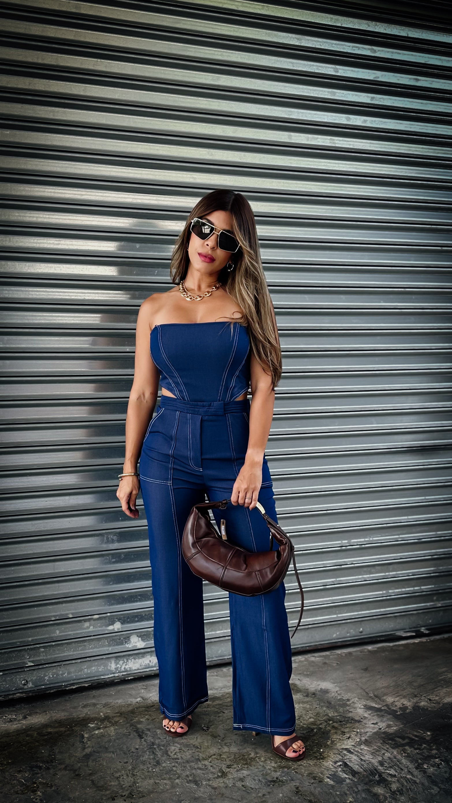 “ERIN” STRAPLESS DENIM JUMPSUIT