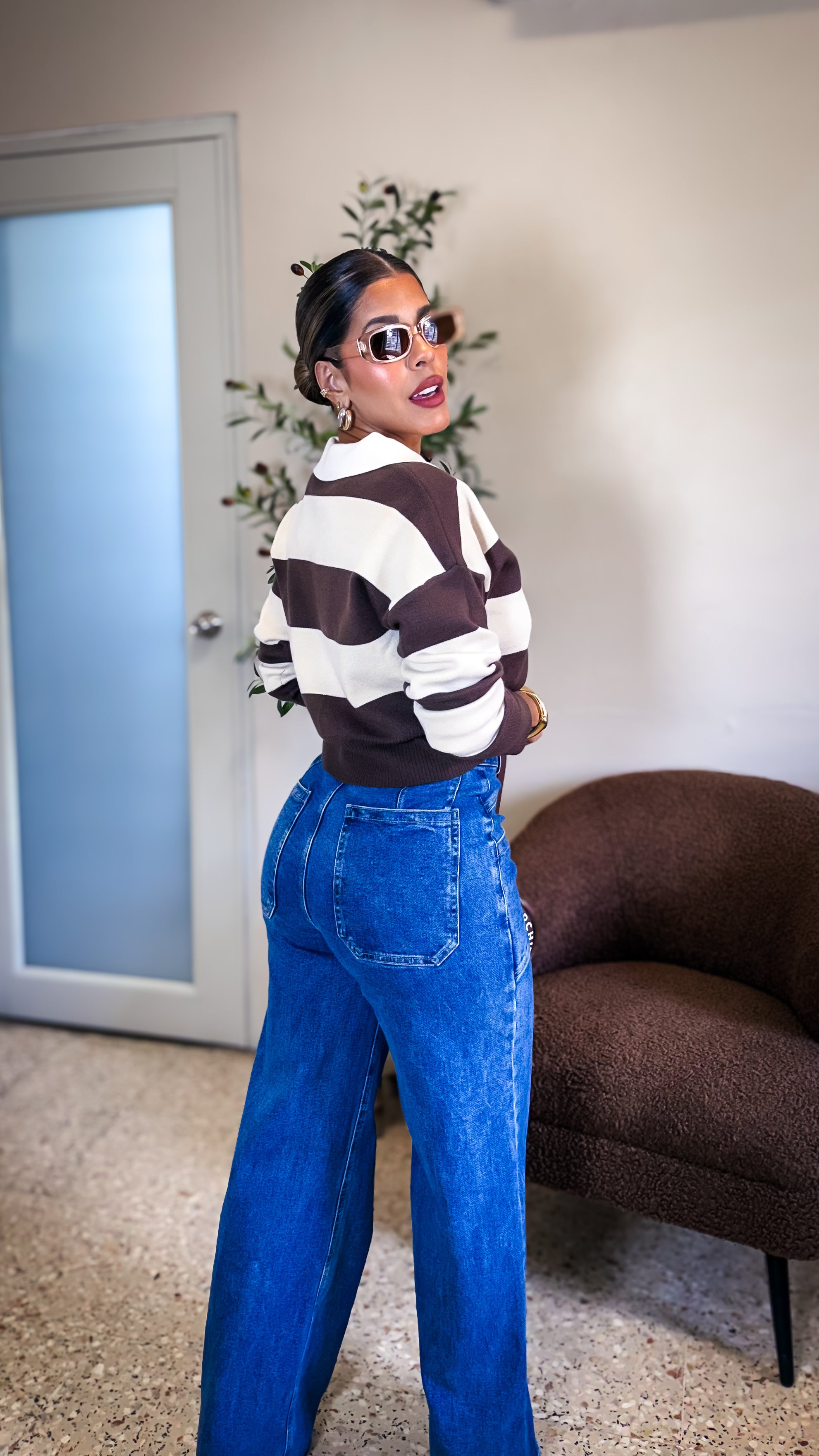 “NURIA” STRIPE POLO SWEATER