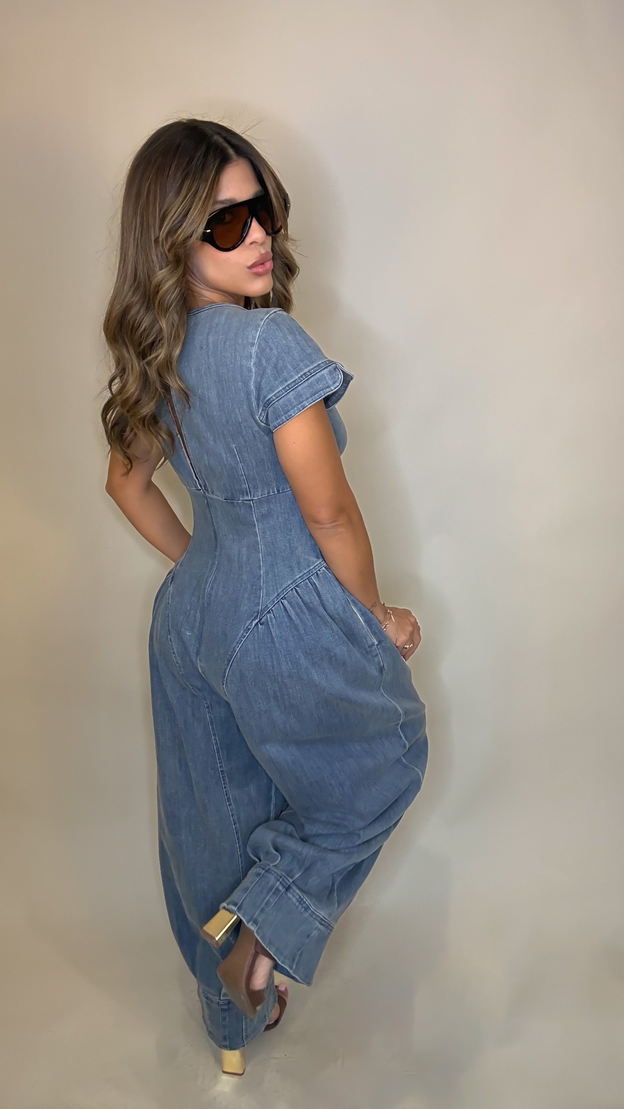 “HAILEY” DENIM BARREL JUMPSUIT