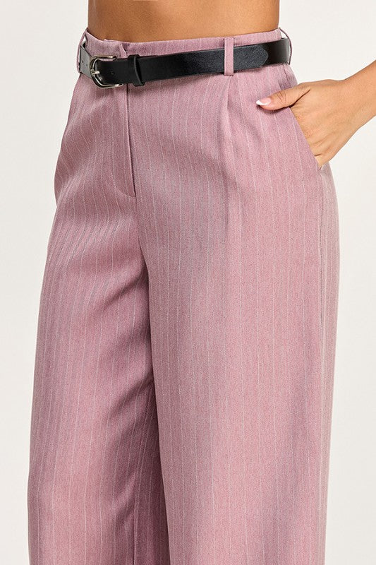 “KATE” BELTED PIN STRIPE TROUSER