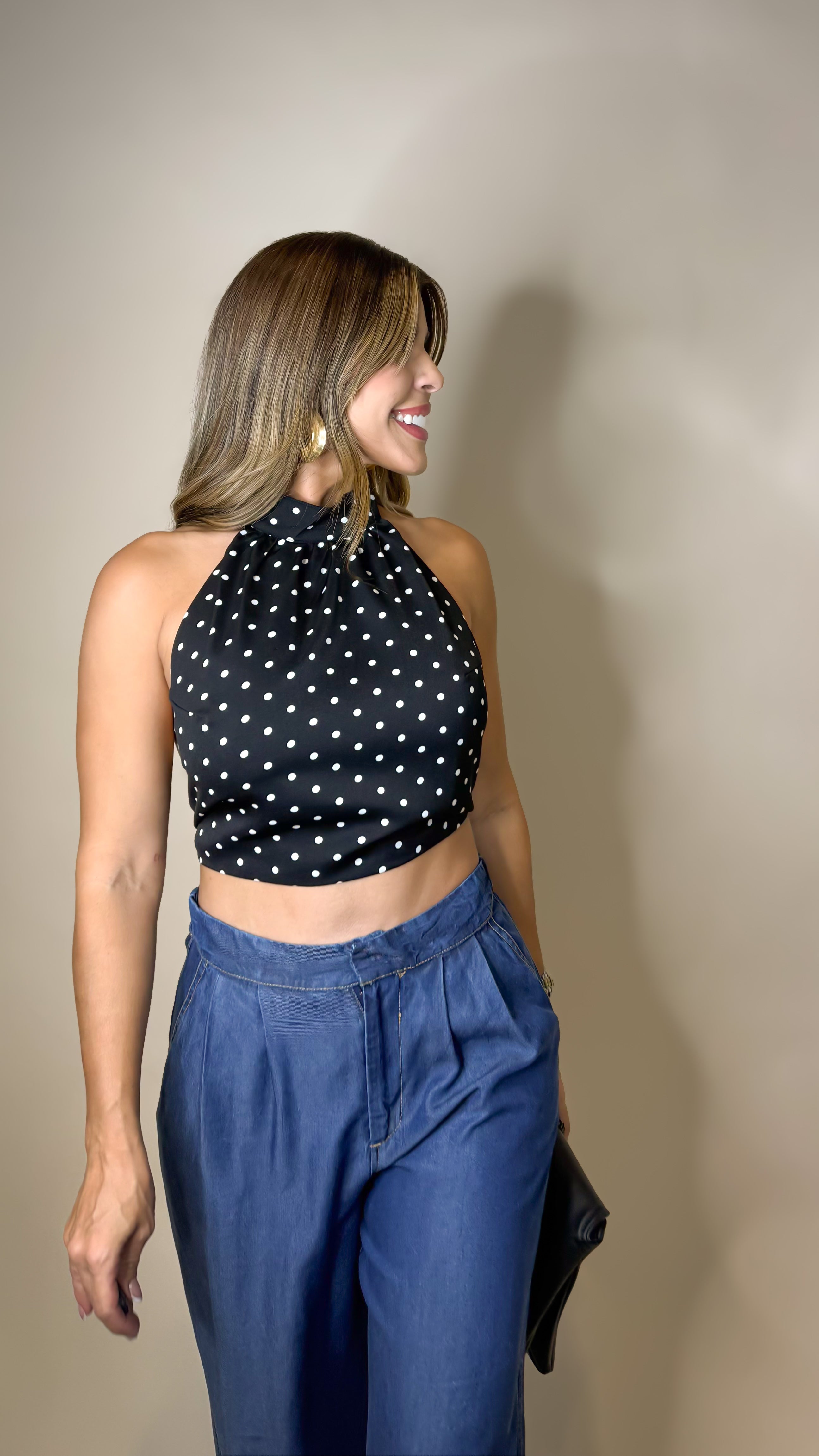 “MADRID” POLKA DOT HALTER TIE TOP