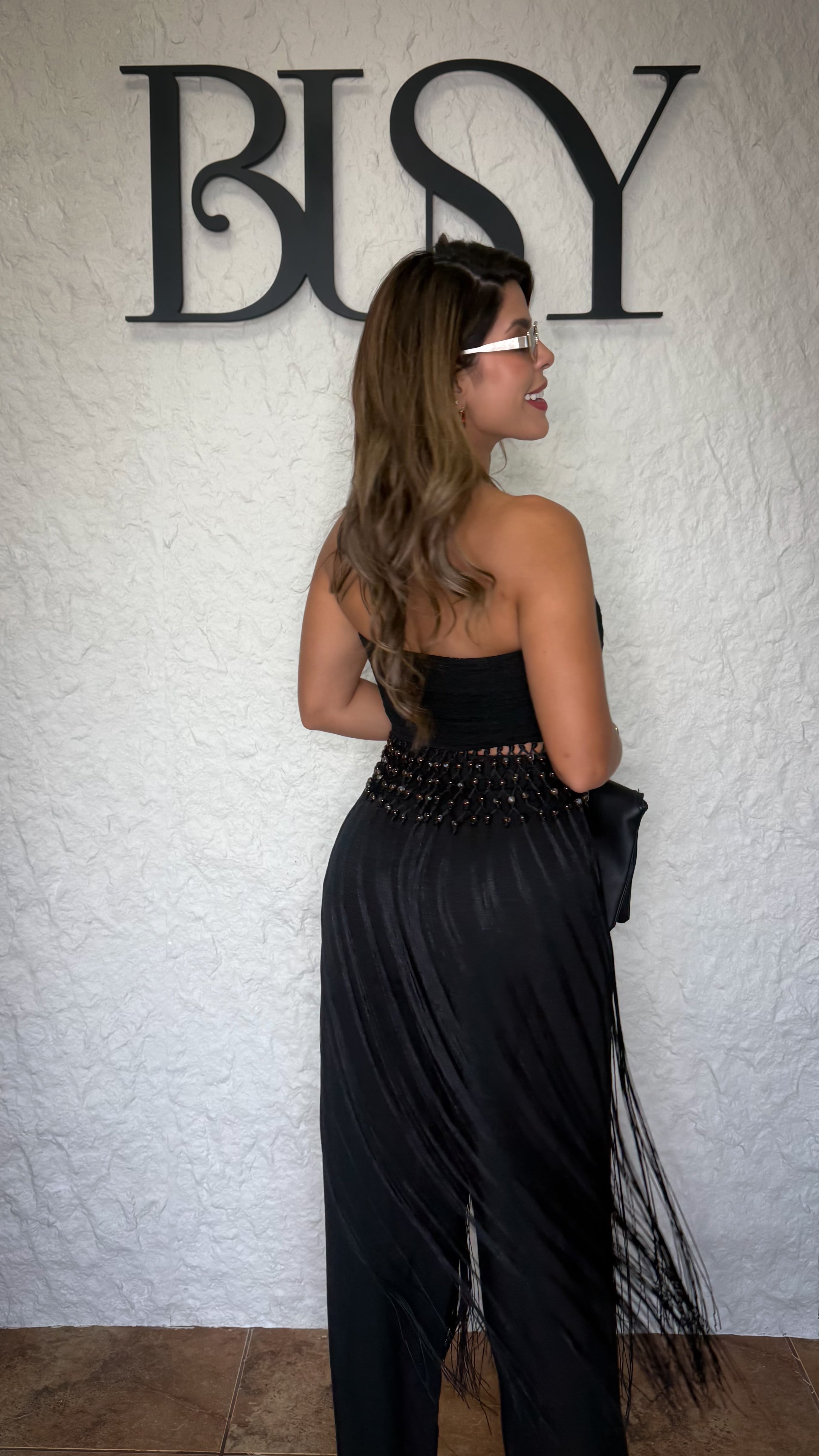 “MIDNIGHT” FRINGE MAXI TOP AND LINEN PANT
