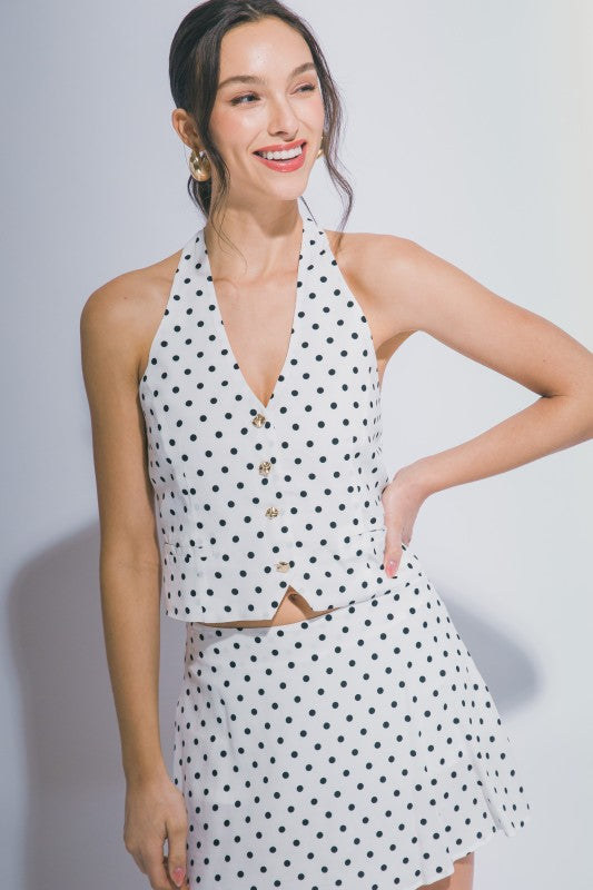 “DAPHNE” POLKA DOT HALTER VEST TOP AND MINI SKORT SET