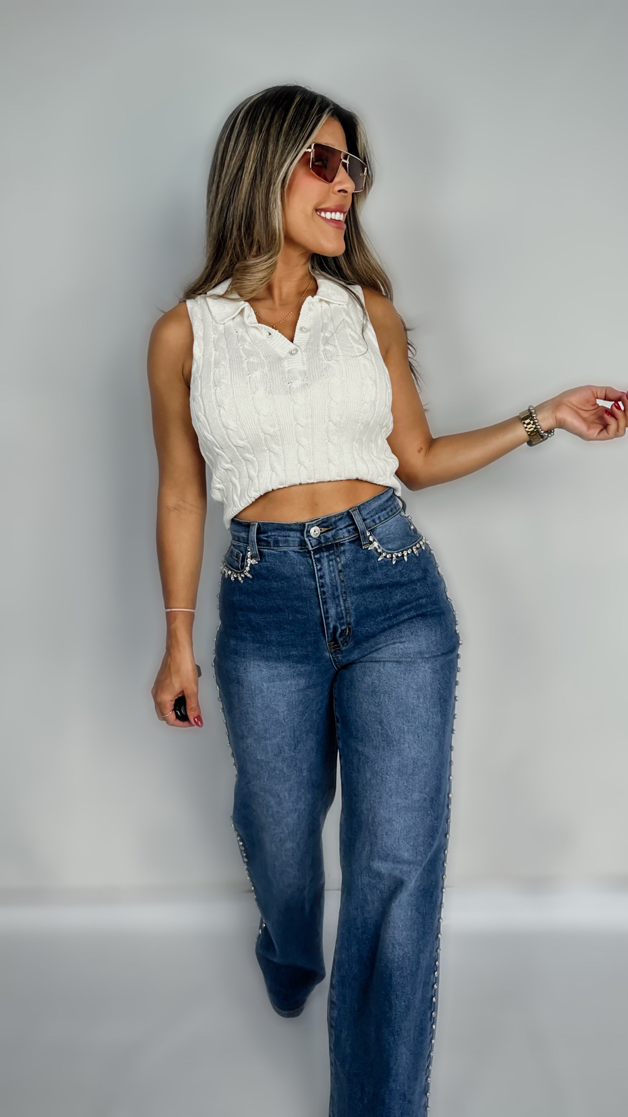 “KRYSTY” RHINESTONE DETAIL HIGH RISE WIDE LEG VIBRANT JEANS