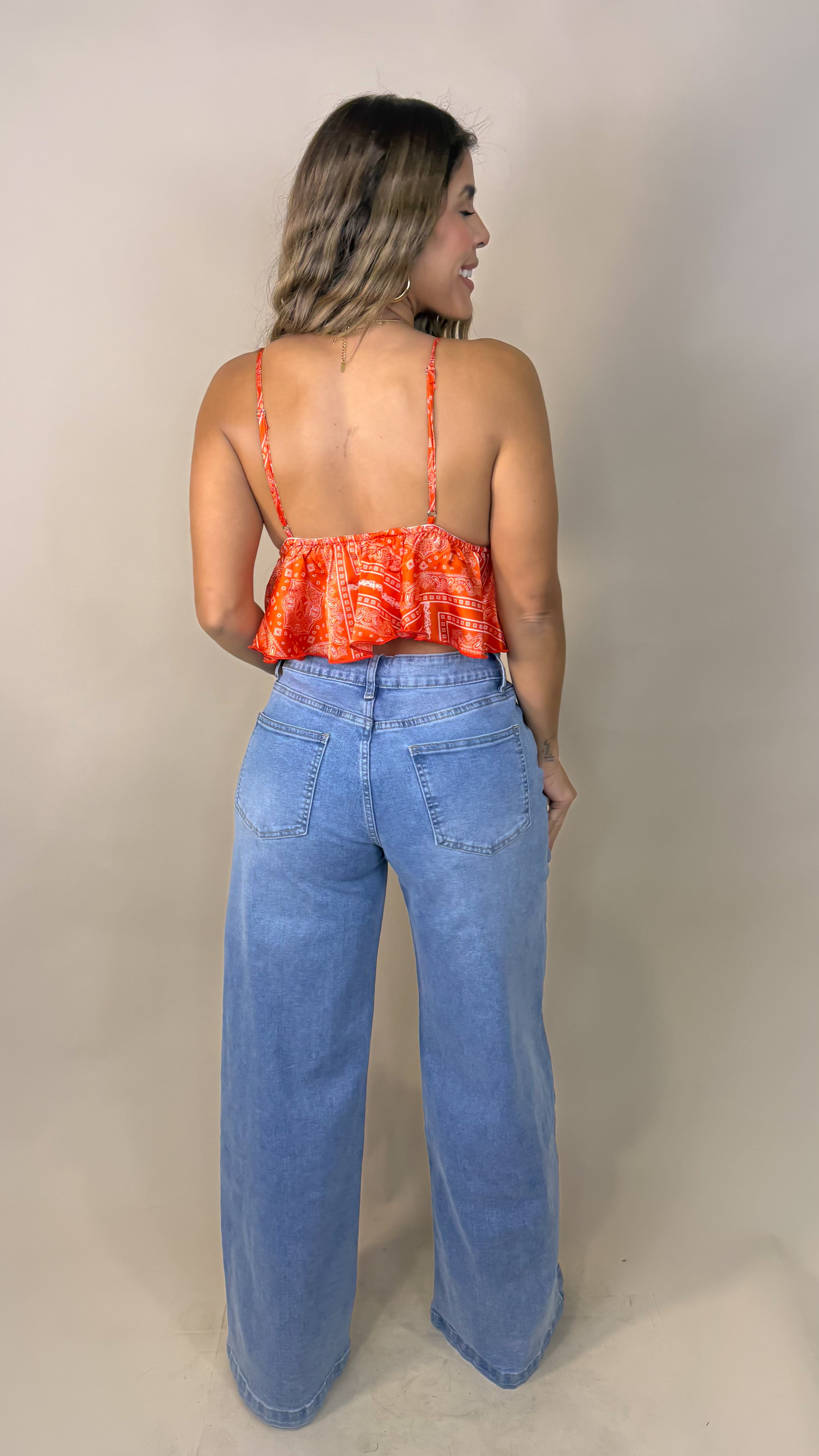 “MEL” PAISLEY V NECK RUFFLE SILK TOP