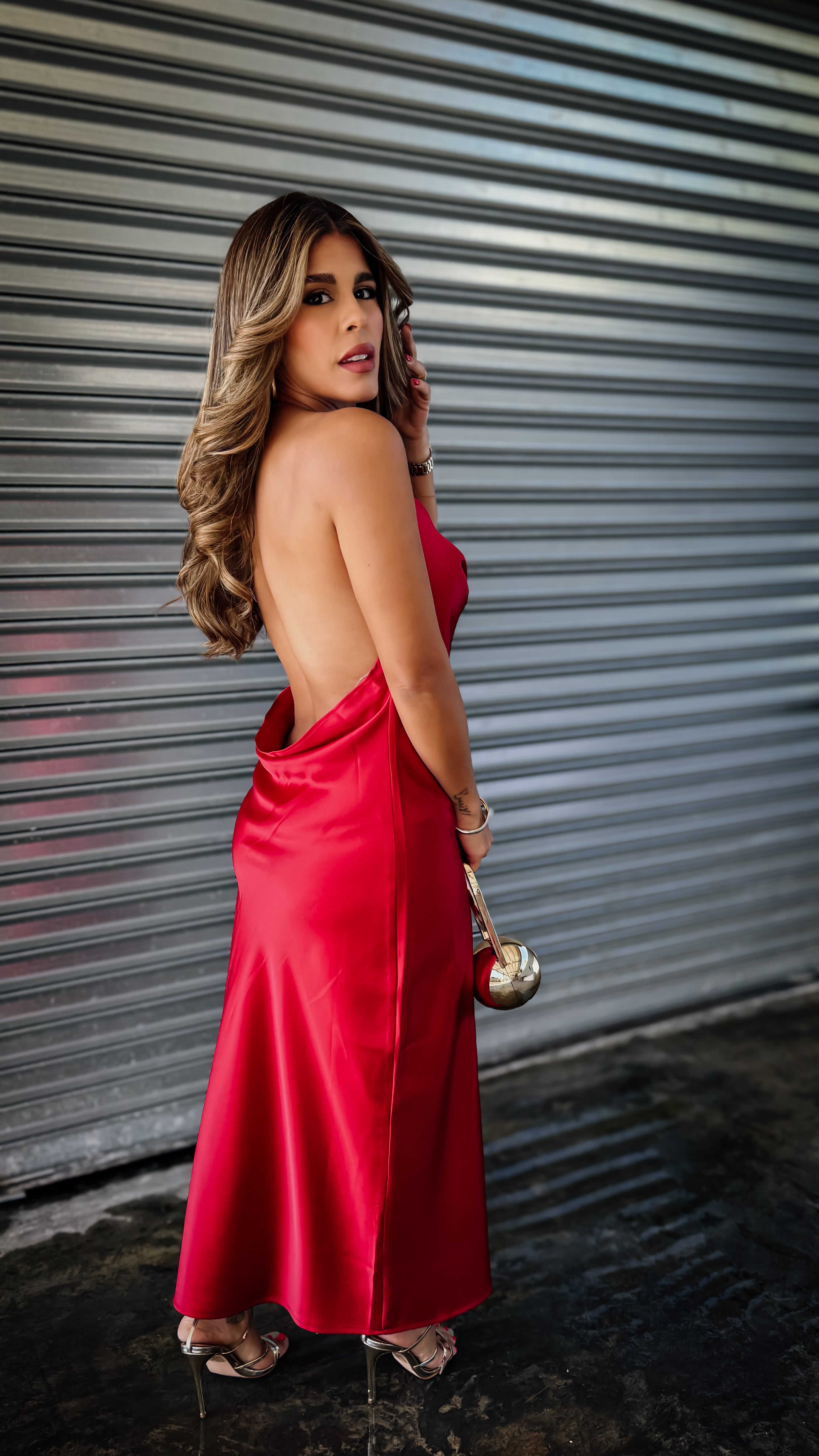 “ANGELA” ASYMMETRICAL COWL NECK BACKLESS MIDI DRESS