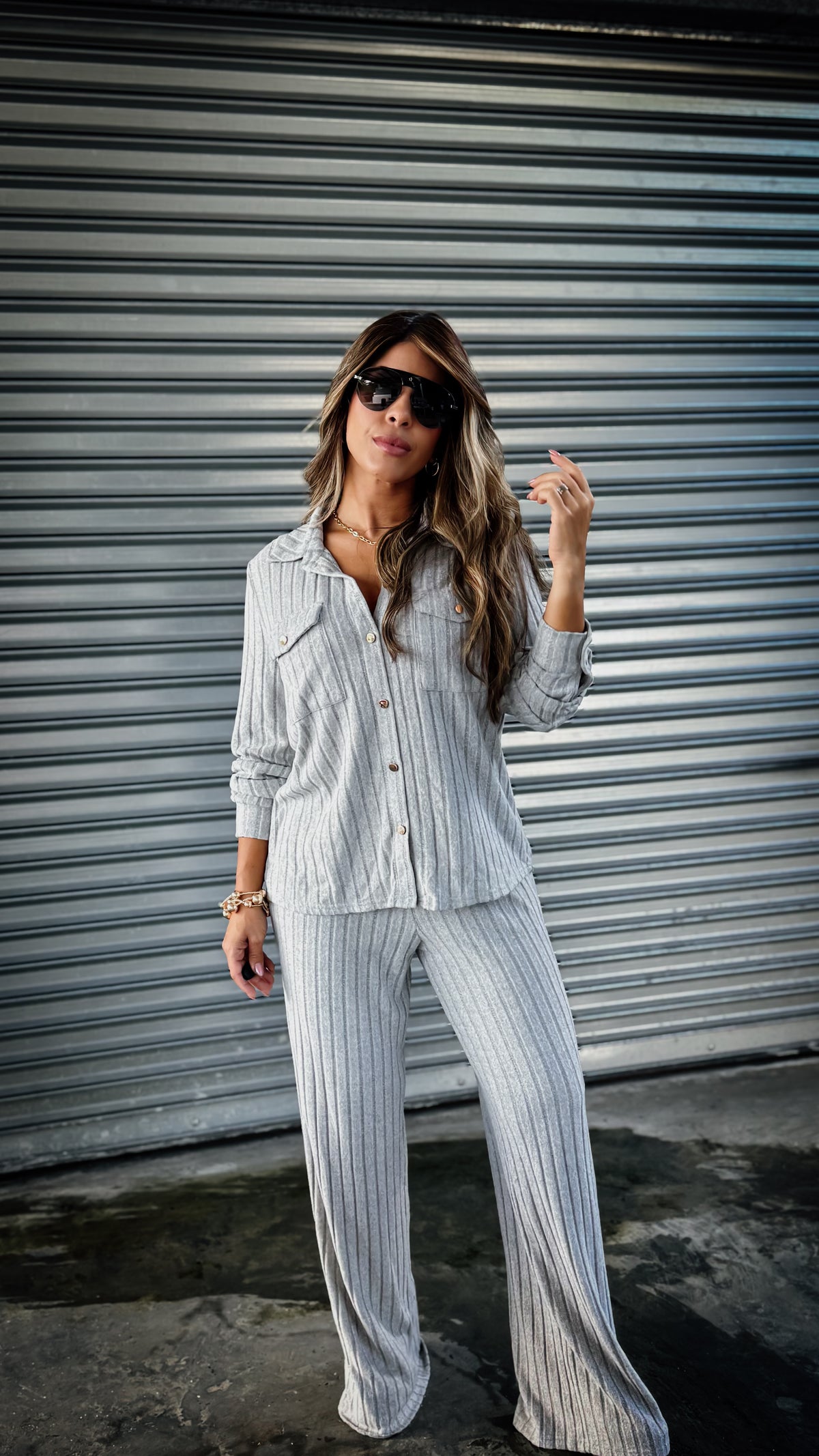 “MIA” LONG SLEEVE RIB KNIT TOP AND PANT TRAVEL SET GREY