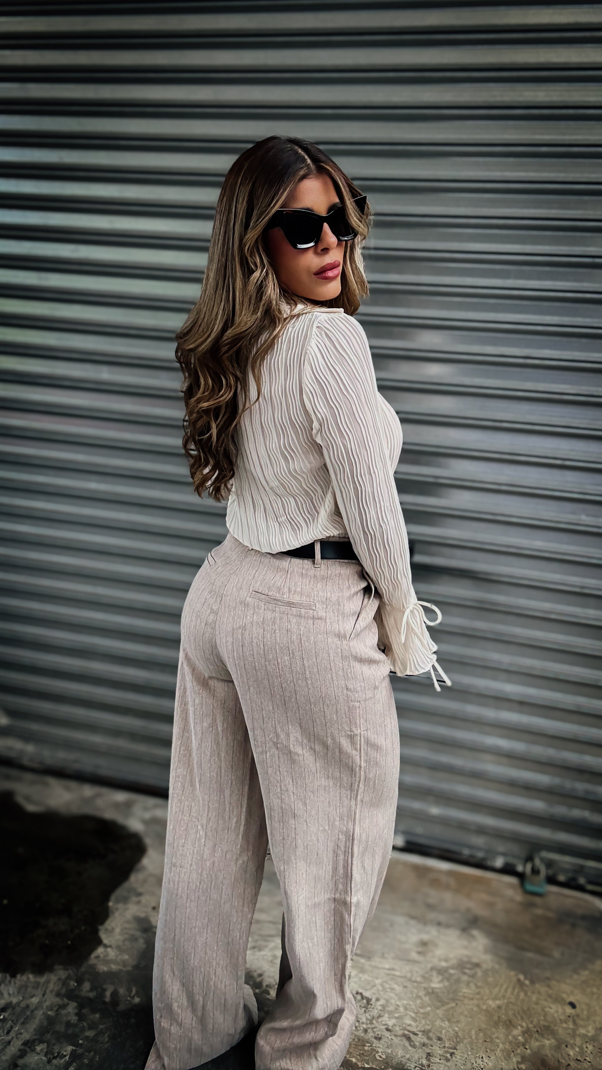 “KATE” BELTED PIN STRIPE TROUSER
