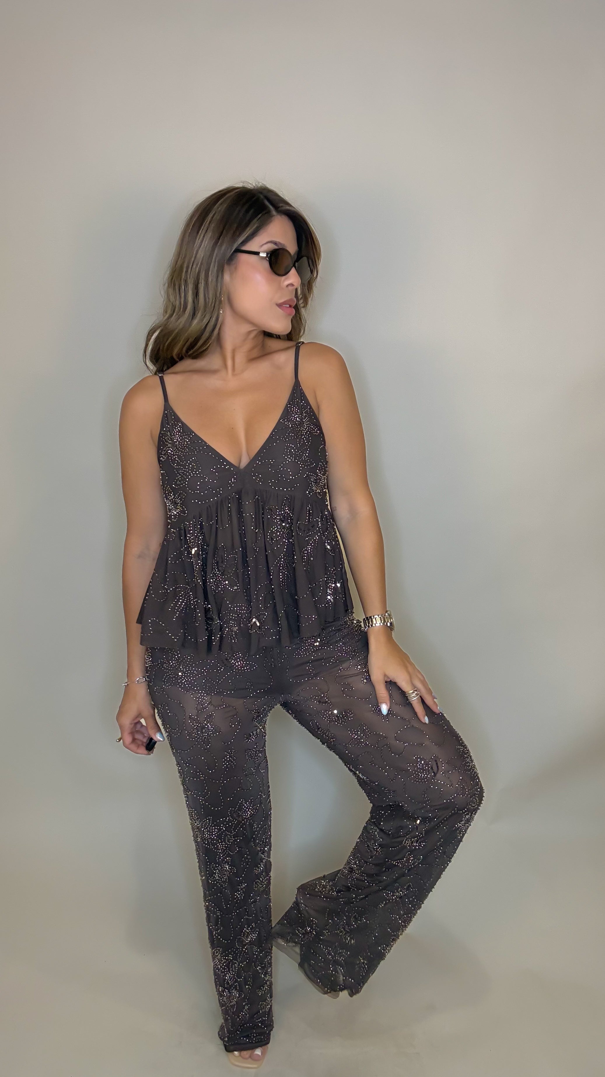“FARAH” BEADED FLOWY TOP  AND PANT SET