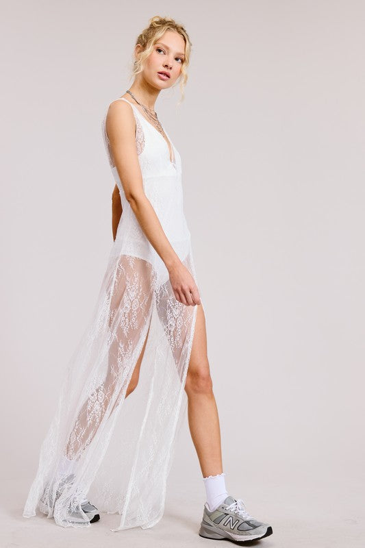 “LEAH” VNECK BODYSUIT WITH SHEER LACE MAXI DRESS