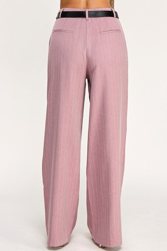 “KATE” BELTED PIN STRIPE TROUSER