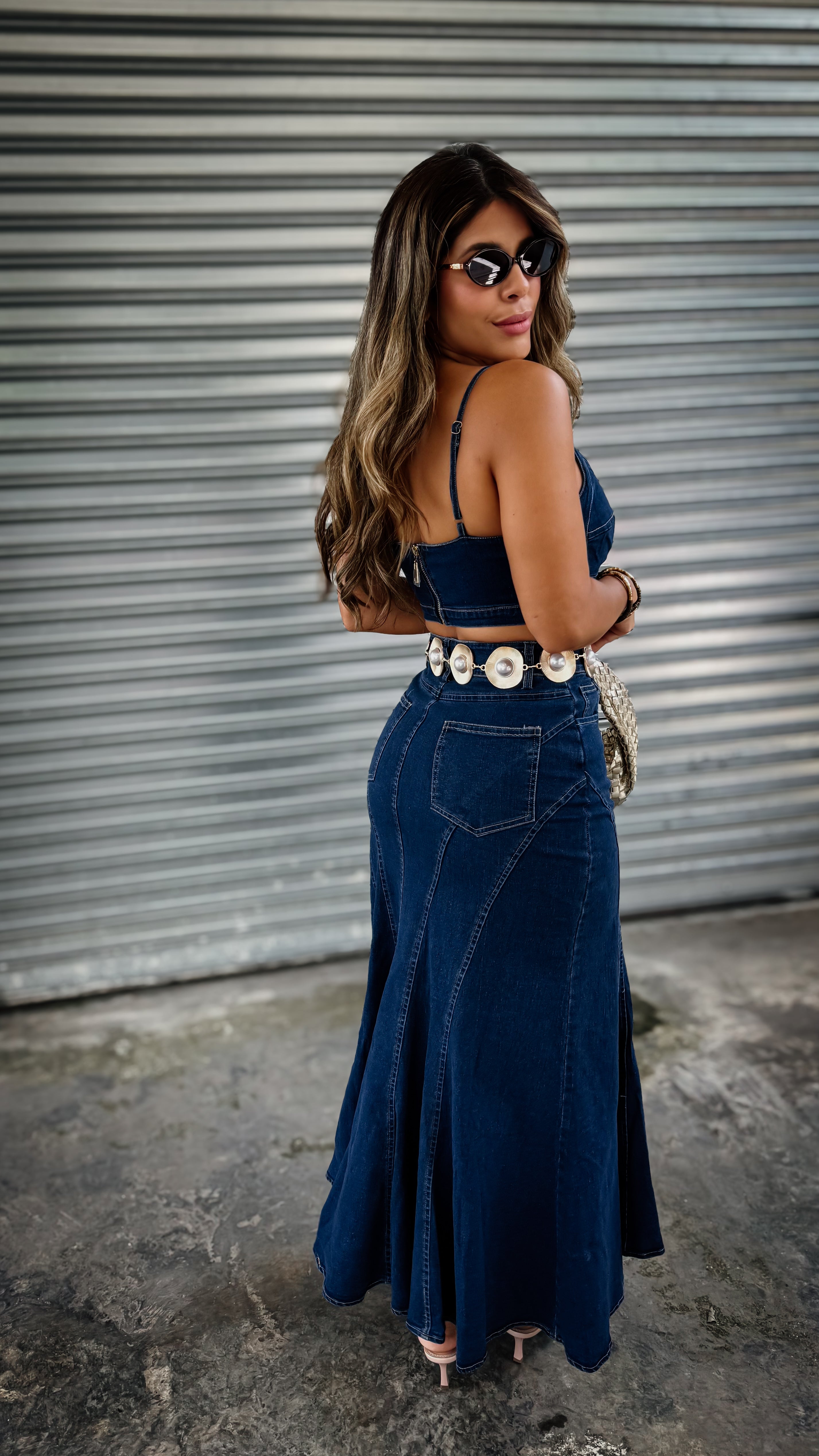 “ICONIC” DENIM SKIRT AND CROPPED TOP