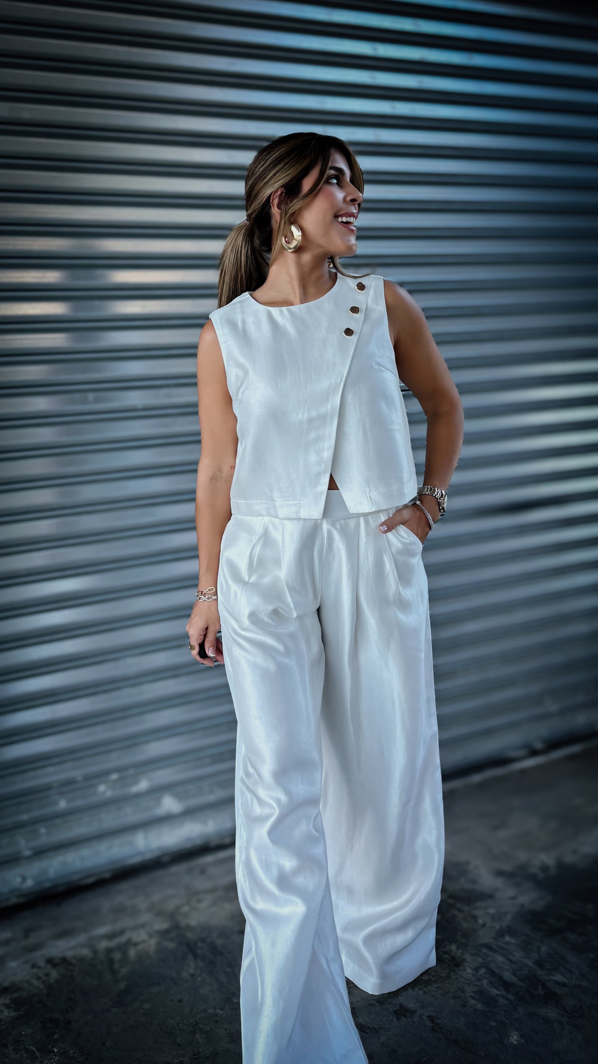 “CLEO” WRAP TOP AND HIGH-WAISTED WIDE LEG PANTS