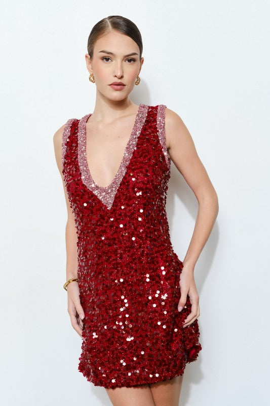 “HOLLY” LUXE SEQUINS TWO TONED V-NECK DRESS