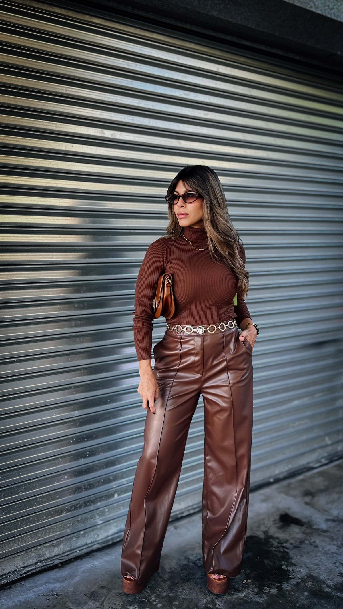 "AMELIA" BROWN LEATHER WIDE LEG PANTS