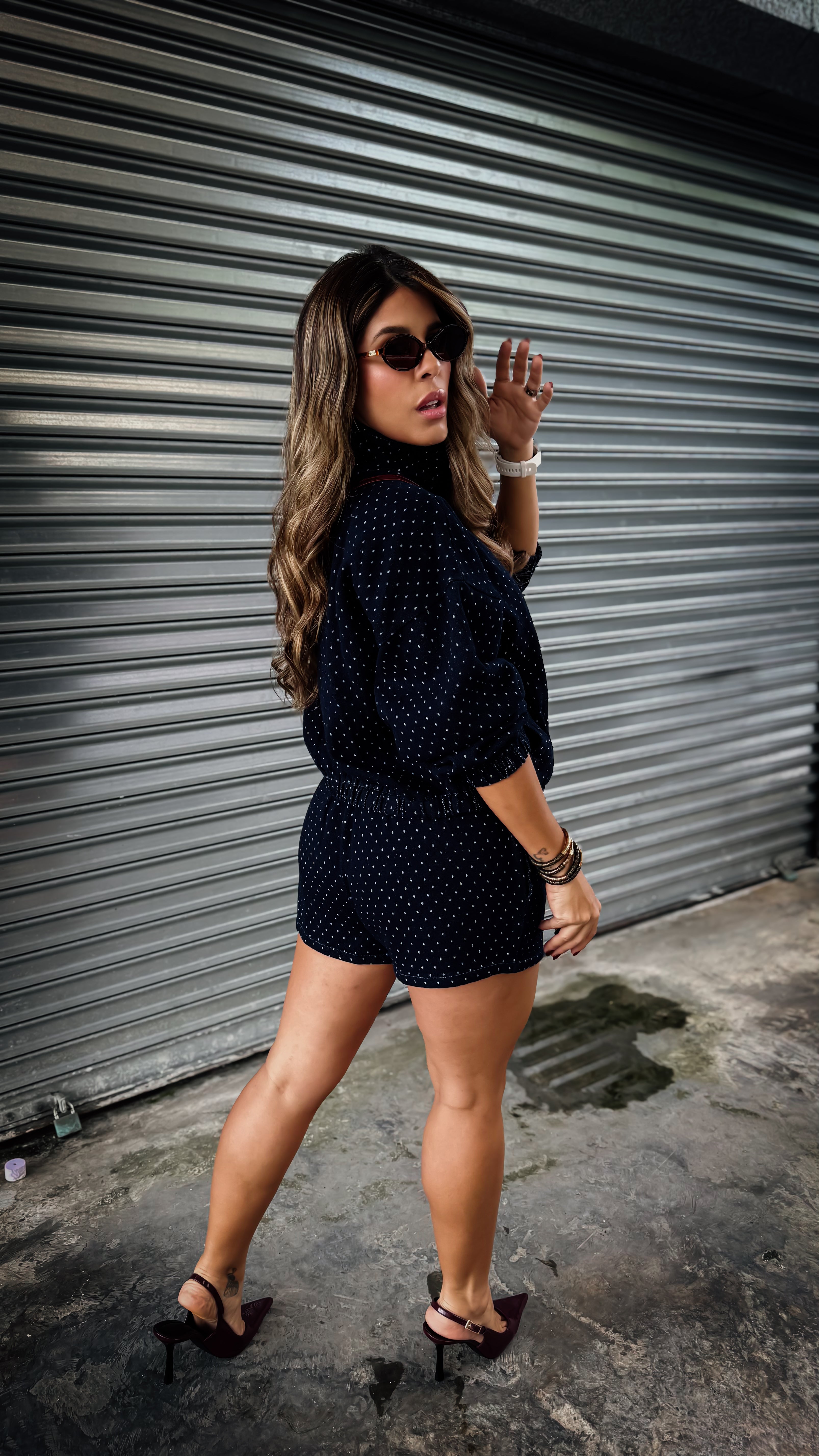 “LOLITA” POLKA DOT DENIM JACKET AND SHORT SET