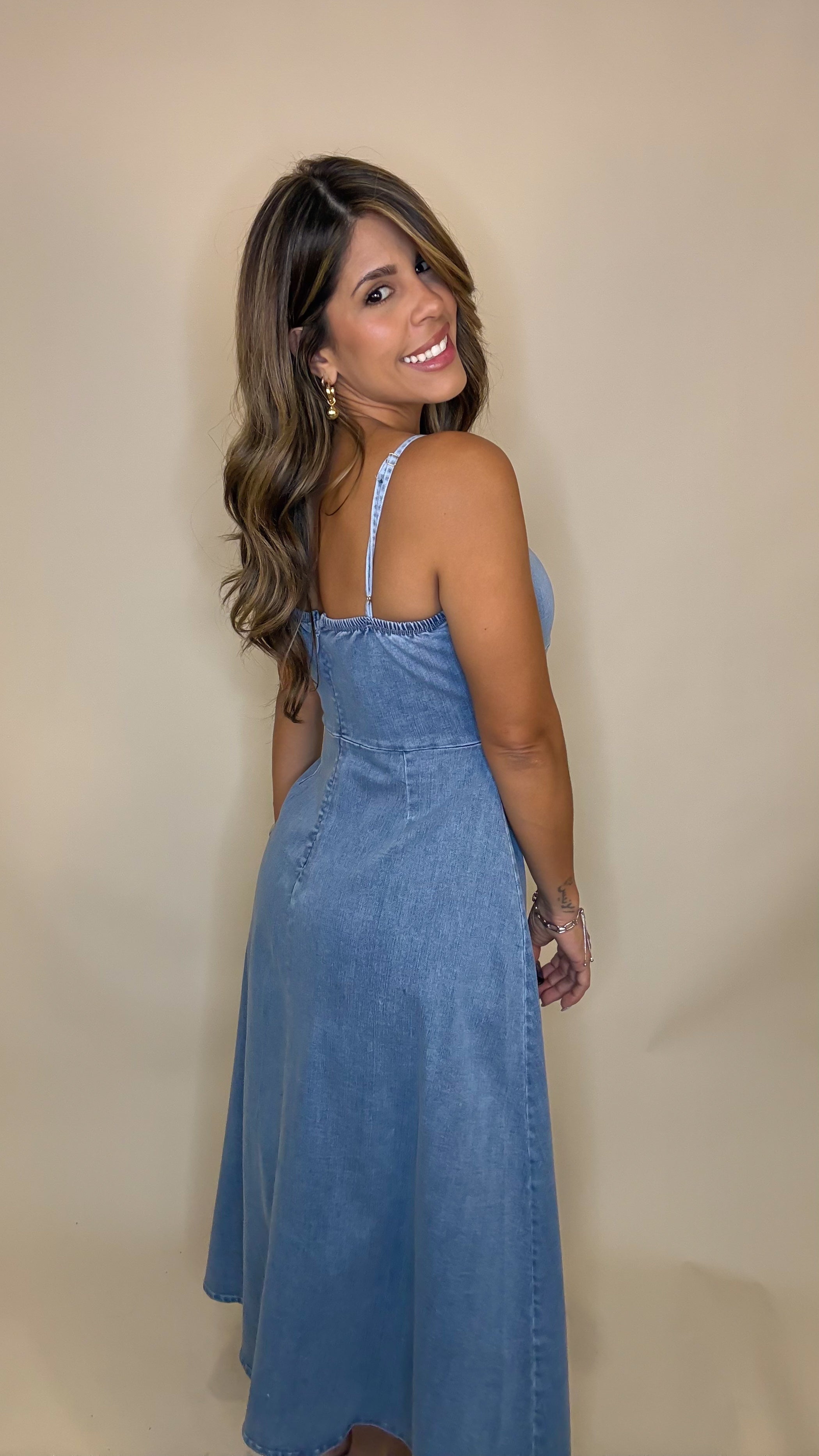 “PAOLA” DENIM MIDI DRESS