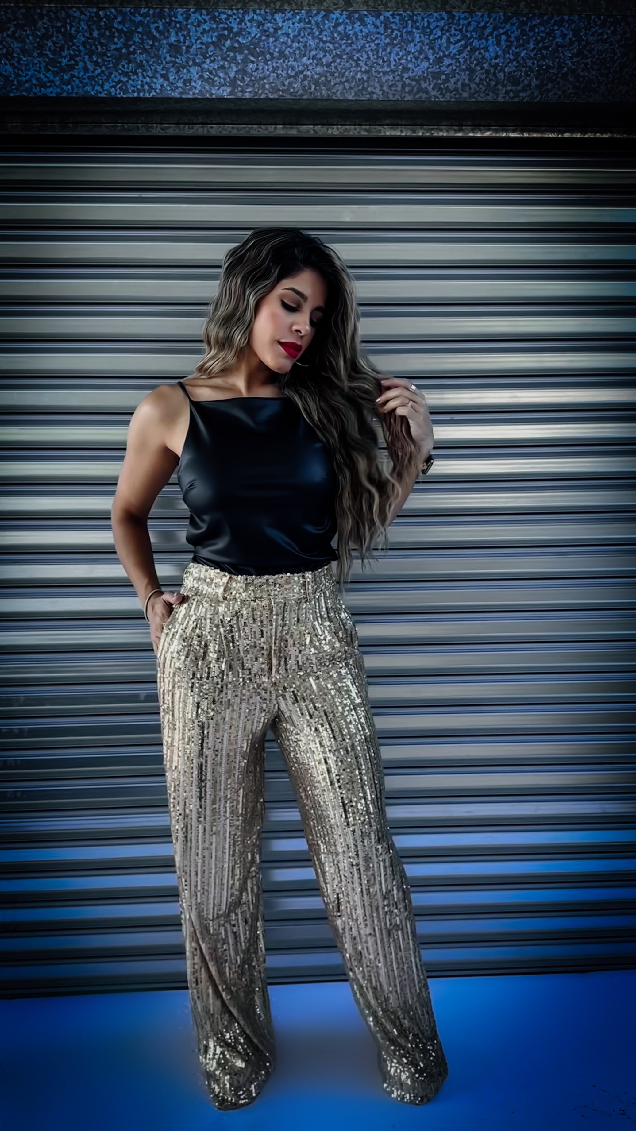 "TOXIC" SEQUIN GOLD WIDE LEG PANTS