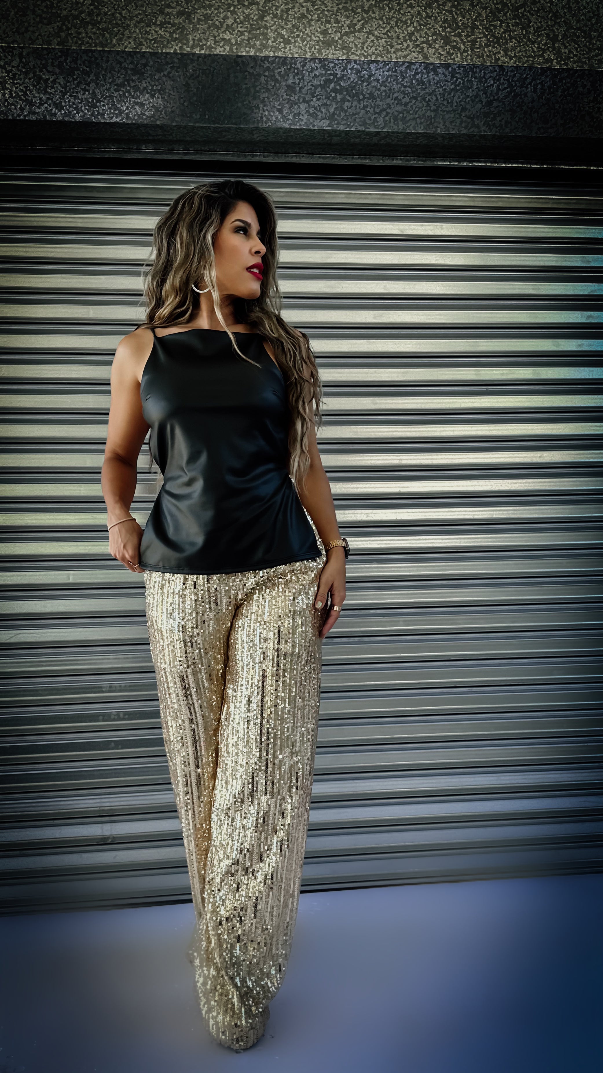 "TOXIC" SEQUIN GOLD WIDE LEG PANTS