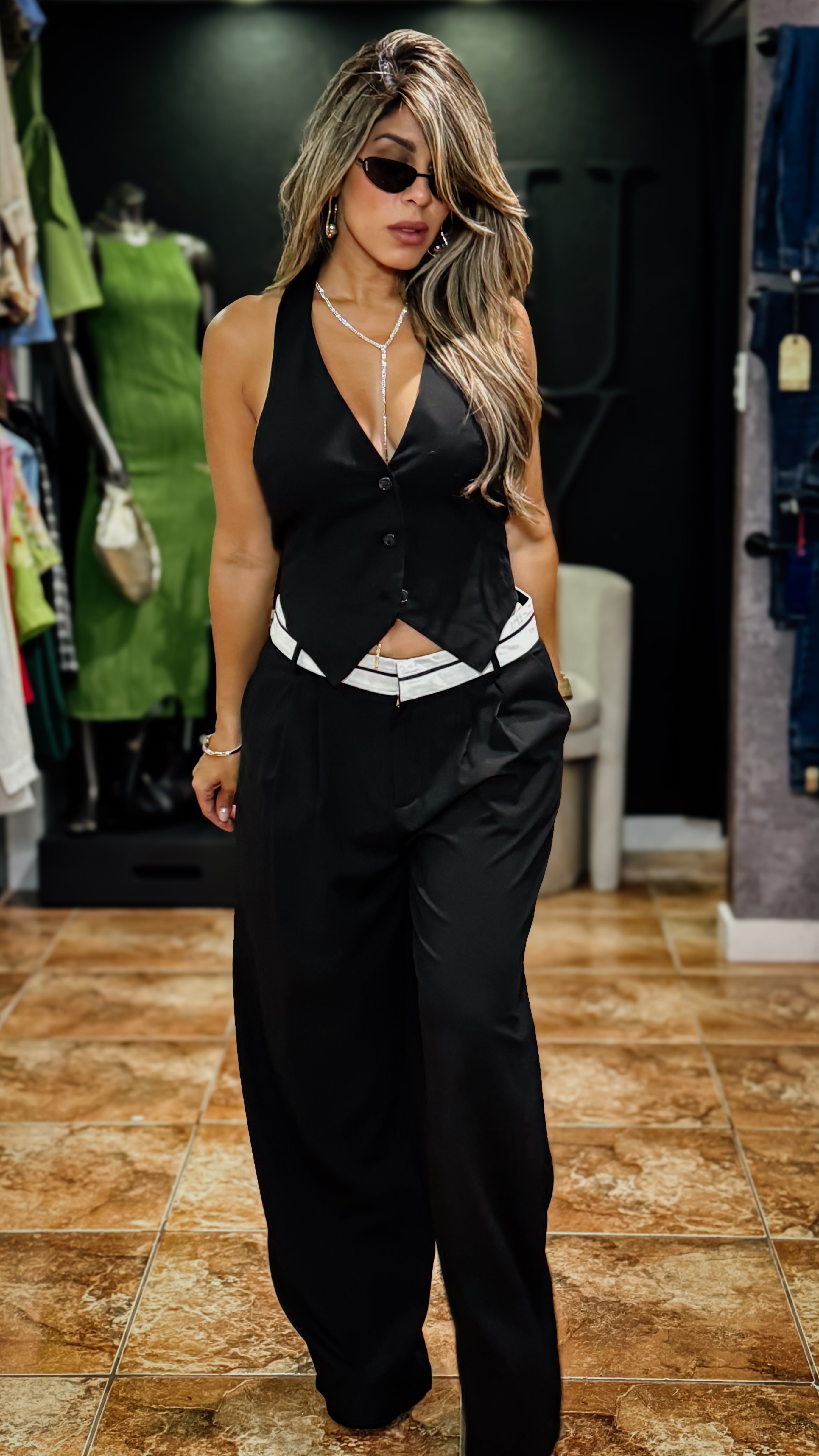 “BECKY” BUTTON DOWN HALTER VEST AND TROUSER SET