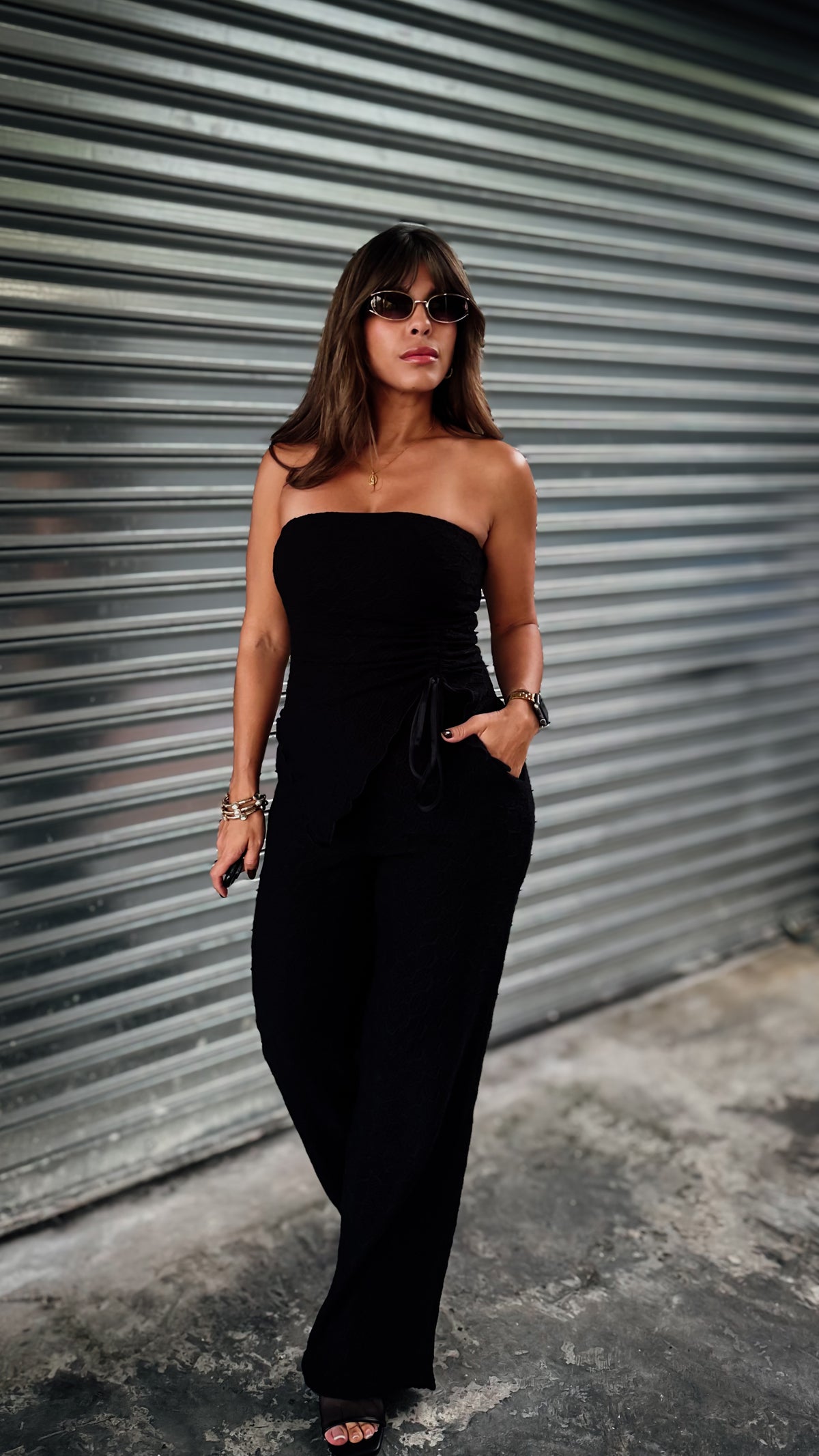 "ECLIPSE" STRAPLESS TEXTURED TUBE TOP AND WIDE LEG PANT SET