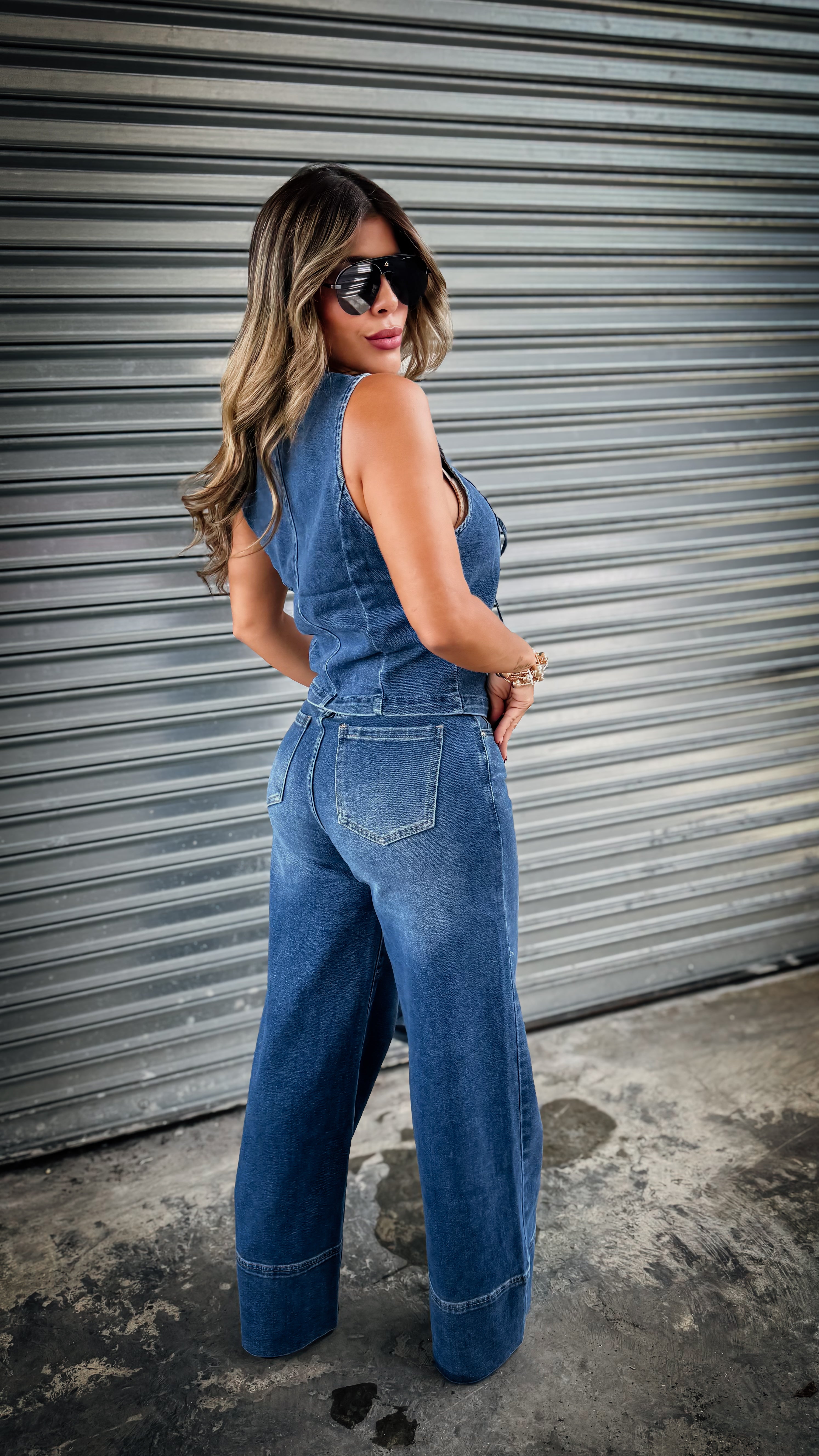 “HAZEL” DENIM VEST AND WIDE LEG PANT SET