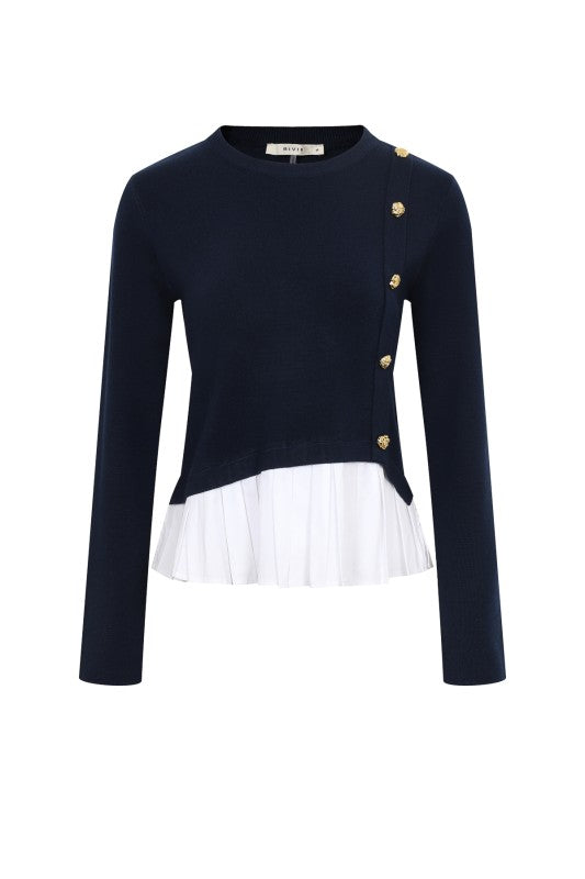 “EMMA” LAYERED LONG SLEEVE SWEATER TOP NAVY