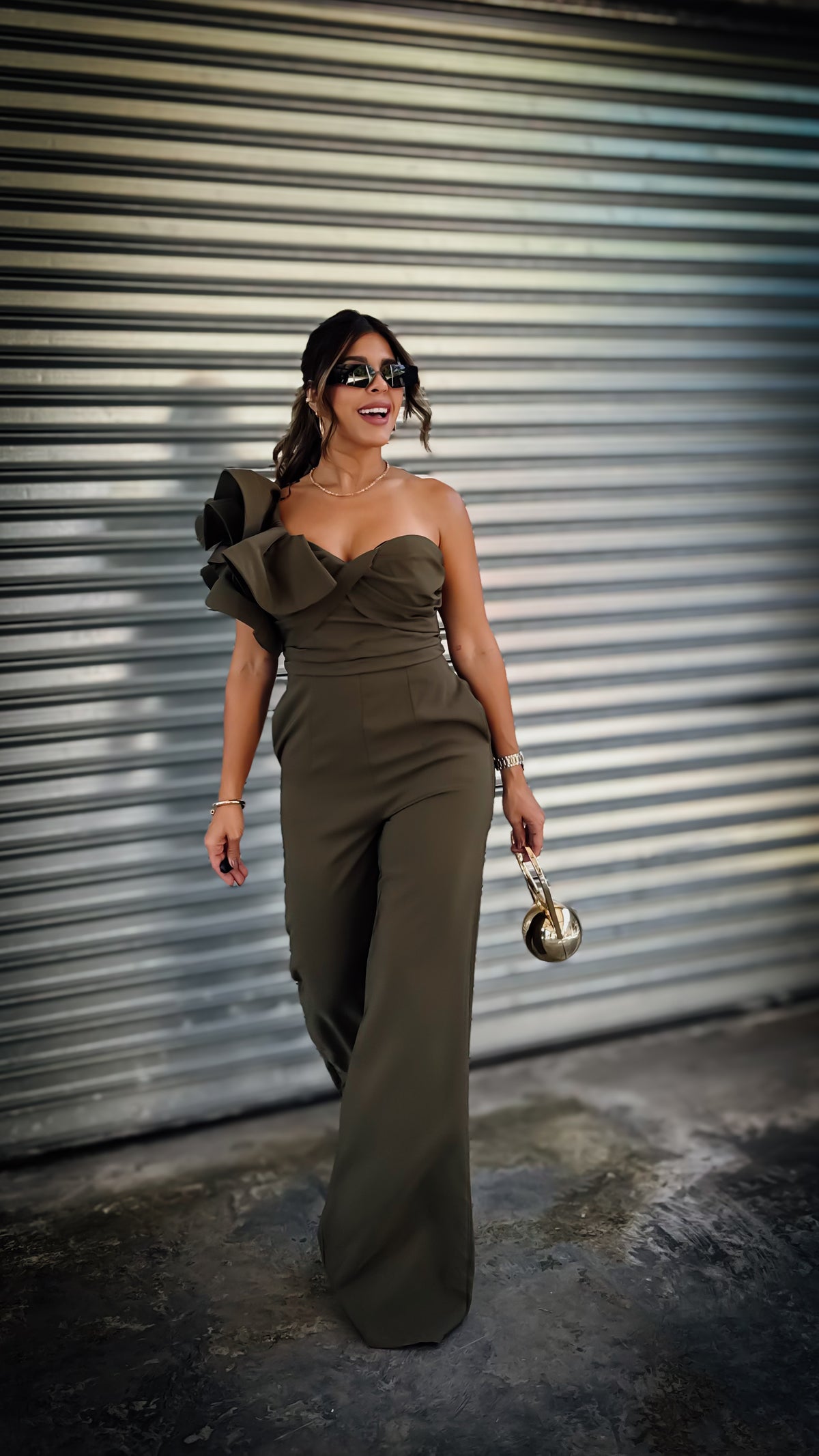 “ELENA” ONE SHOULDER RUFFLE DETAIL SLEEVE JUMPSUIT