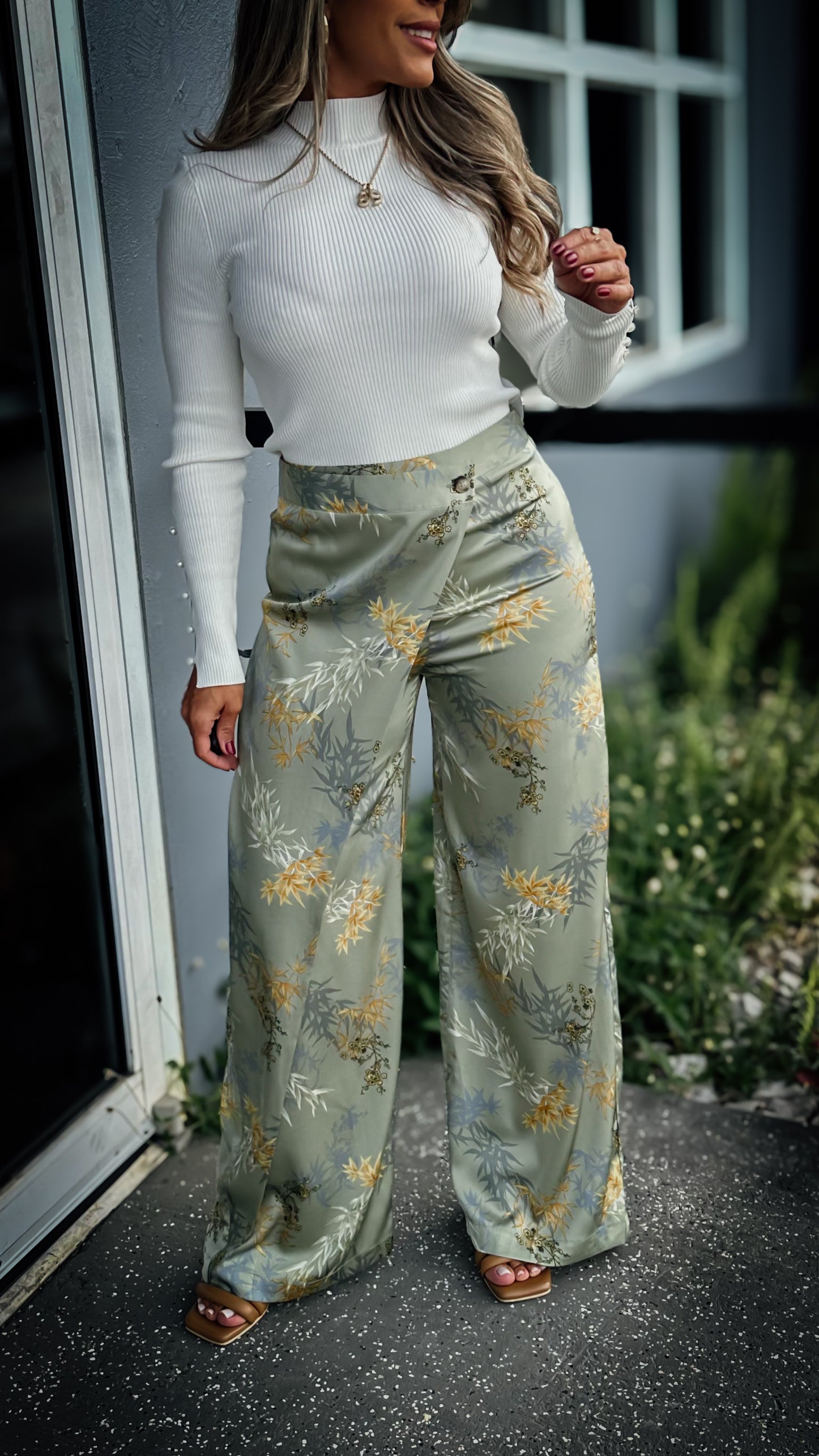 “MOLLY” FLORAL PRINT HIGH WAISTED WIDE LEG PANTS