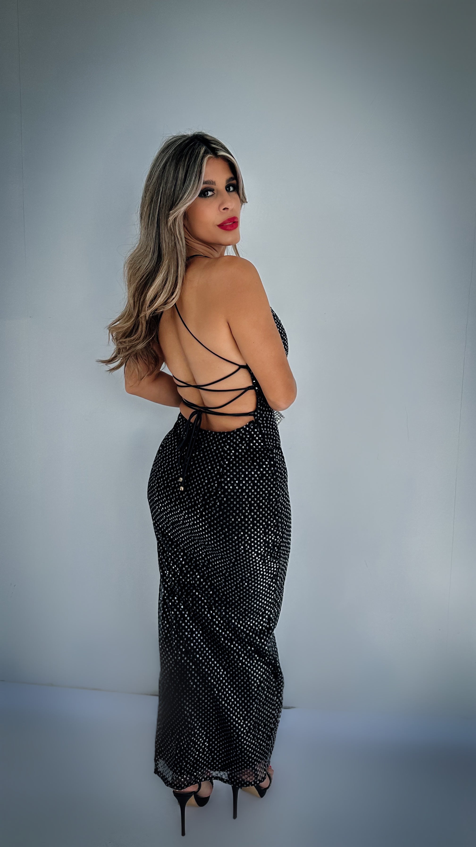 “DIAMANTE” V NECK CROSSED BACK DRESS