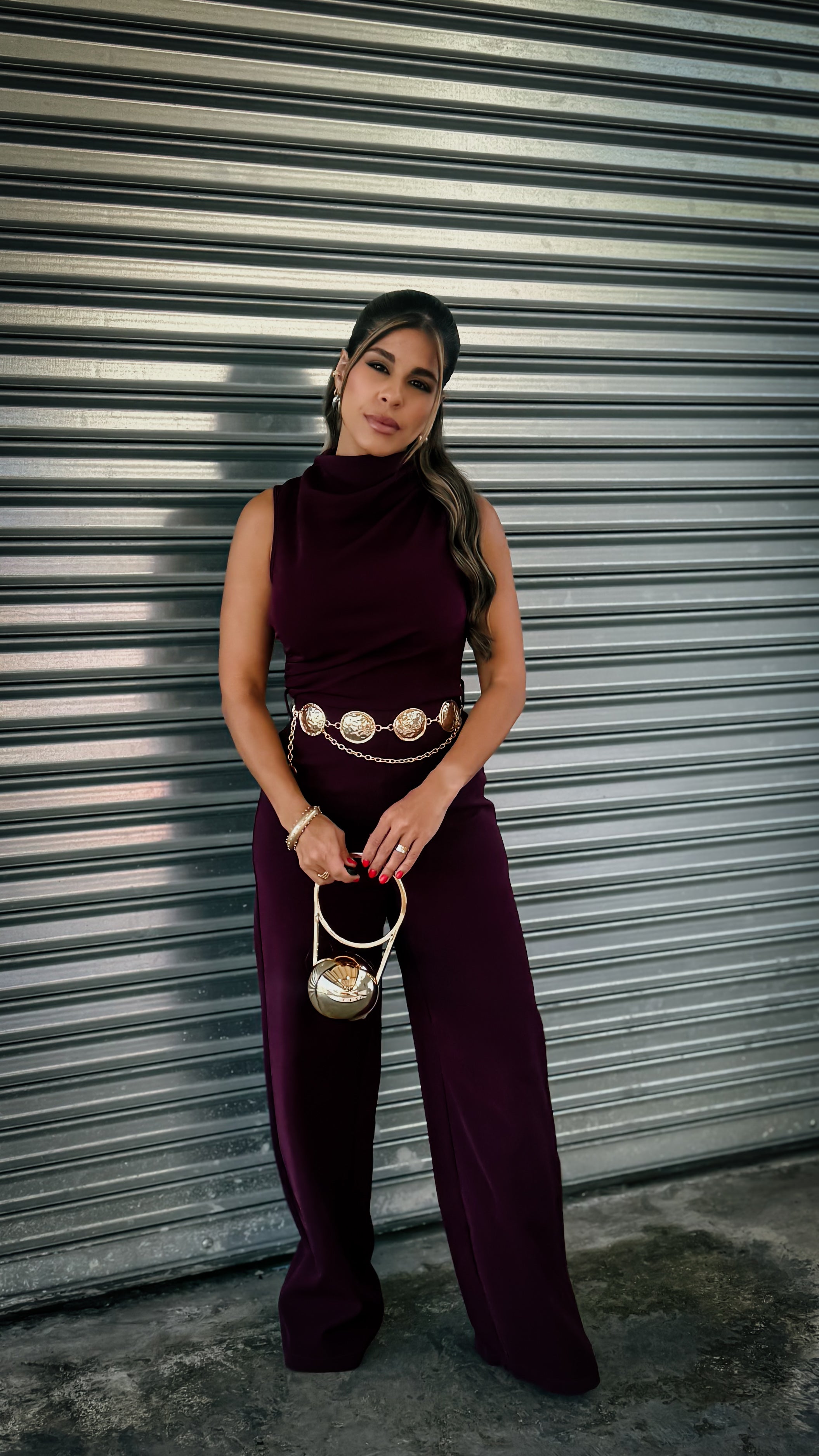 “MARIAH” DRAPED NECK BELTED JUMPSUIT