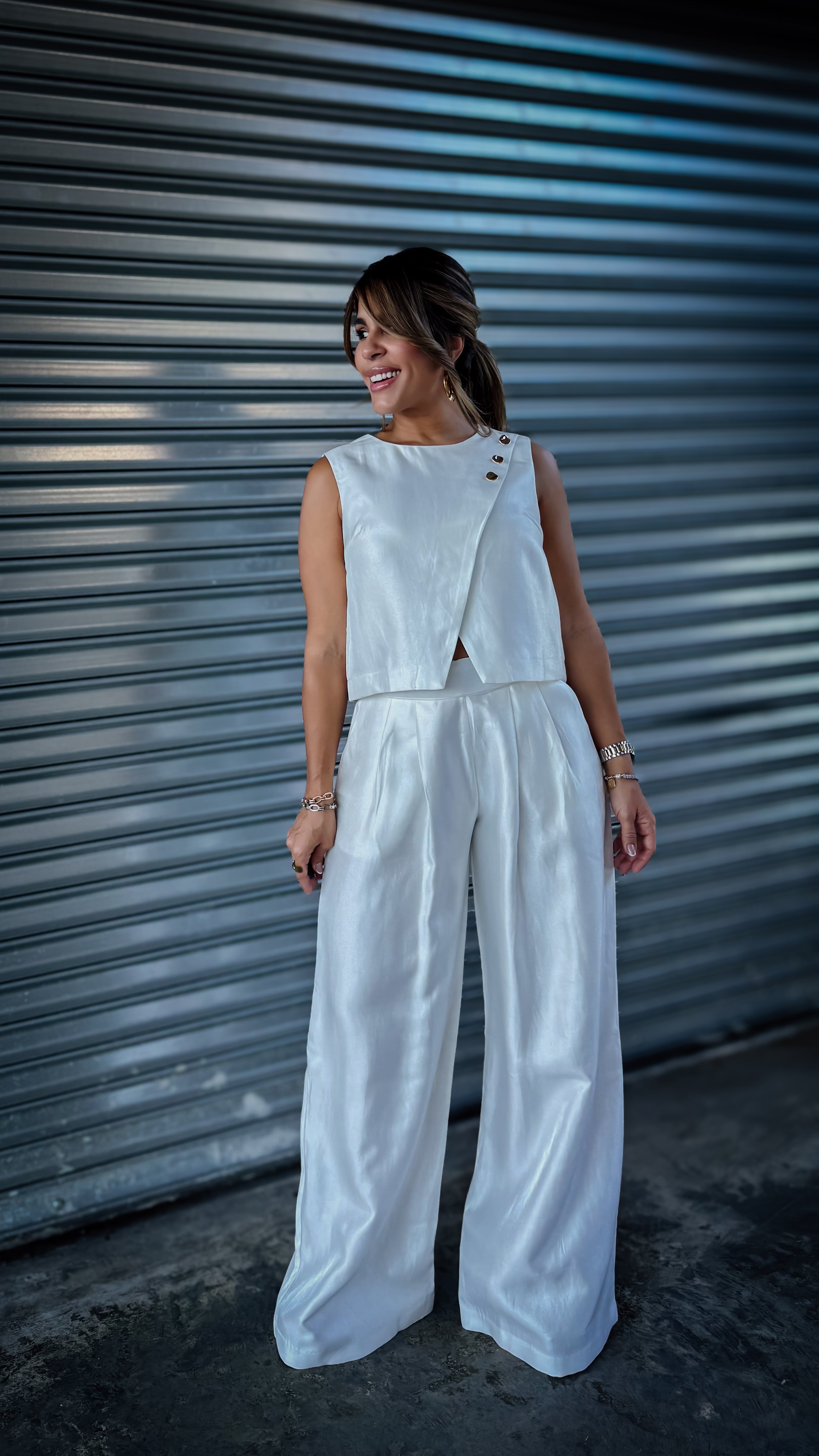 “CLEO” WRAP TOP AND HIGH-WAISTED WIDE LEG PANTS