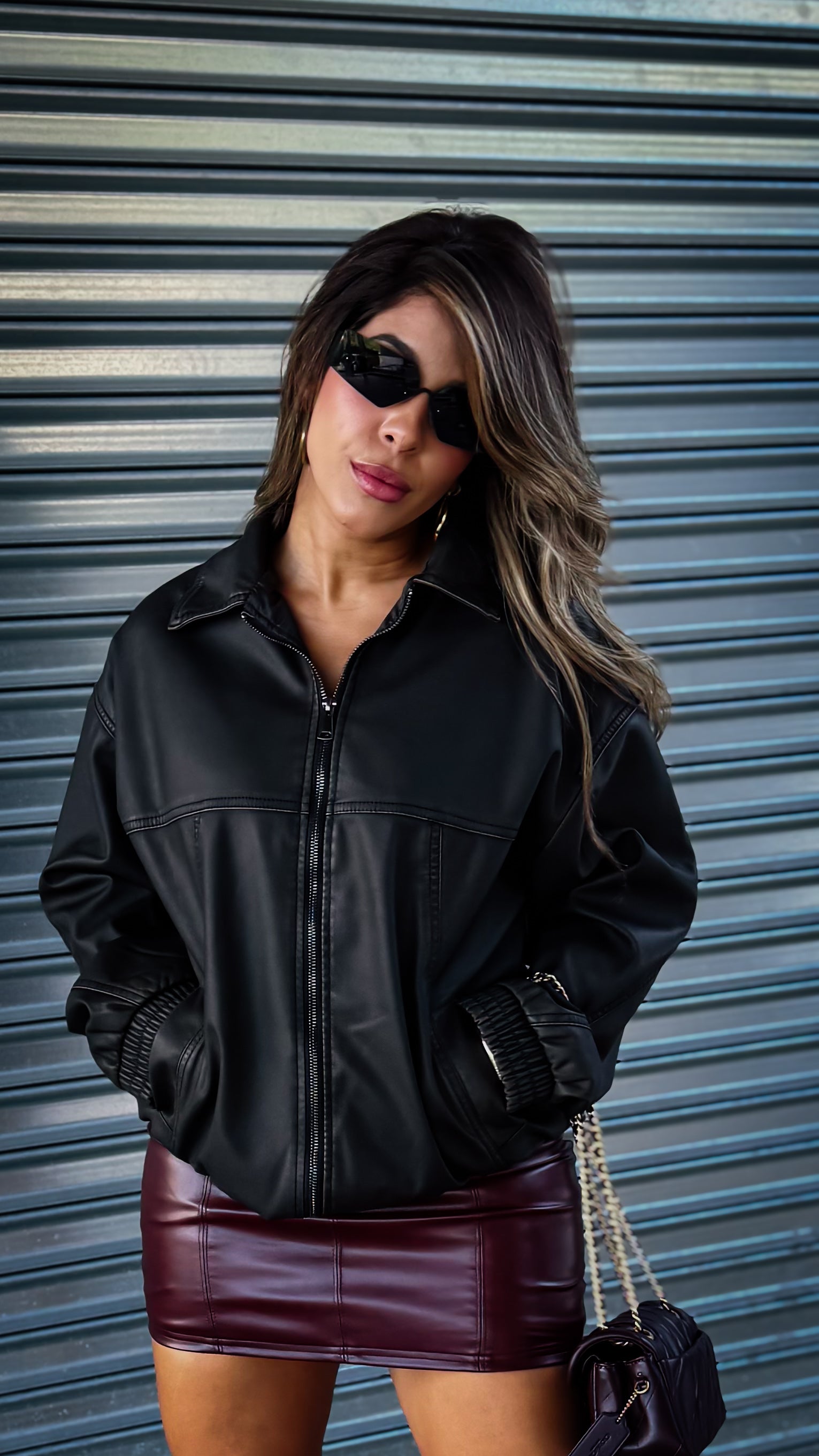 “GIO” BOXY FAUX LEATHER BOMBER JACKET