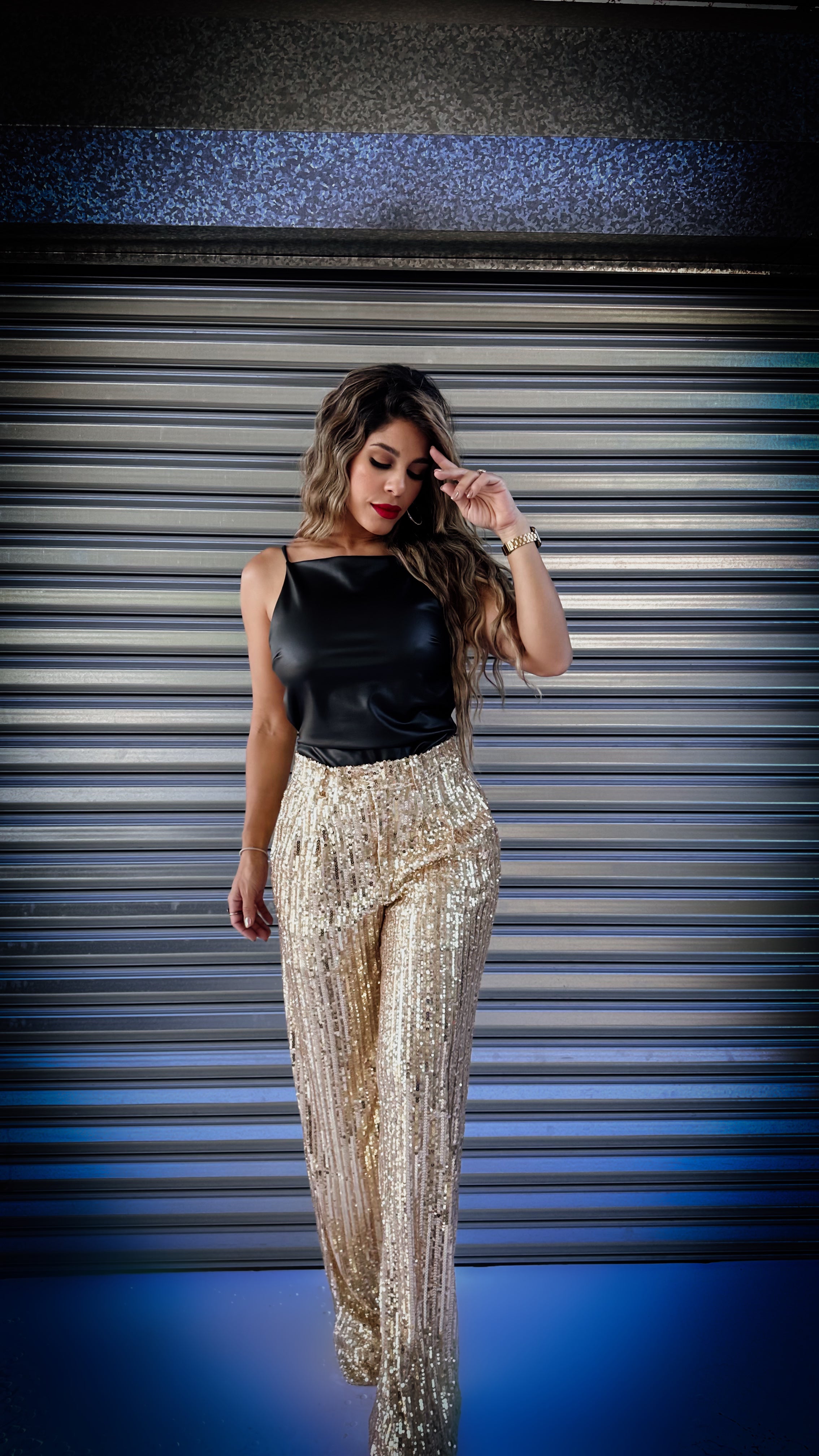 "TOXIC" SEQUIN GOLD WIDE LEG PANTS