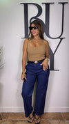 “GISSELLE” FITTED BELTED TROUSER NAVY