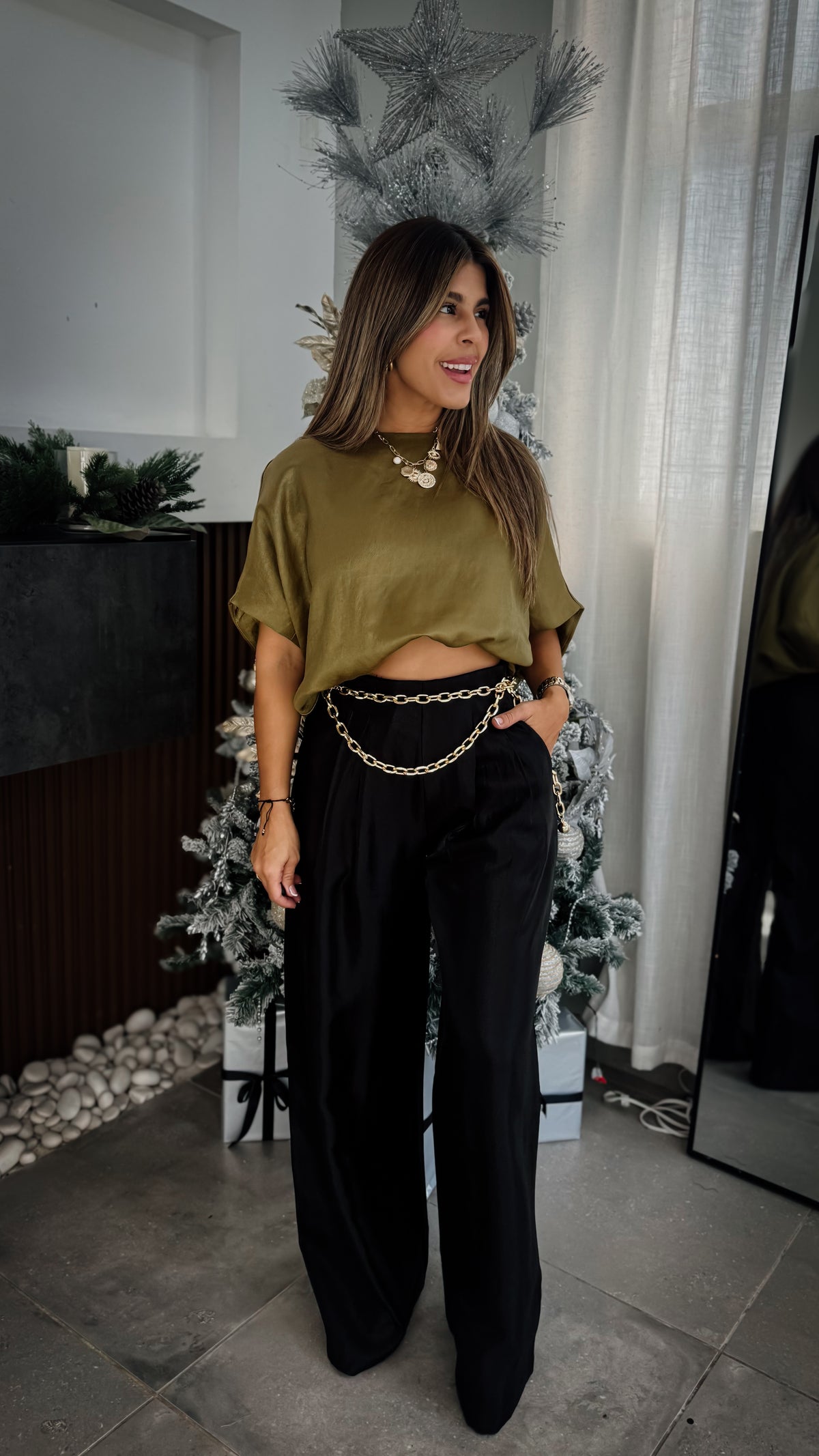 “ATALIA” SATIN FINISH WITH LEG HIGH-WAISTED PANTS