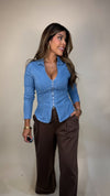 “CARLA” V-NECK FRONT ZIPPER DENIM SHIRT
